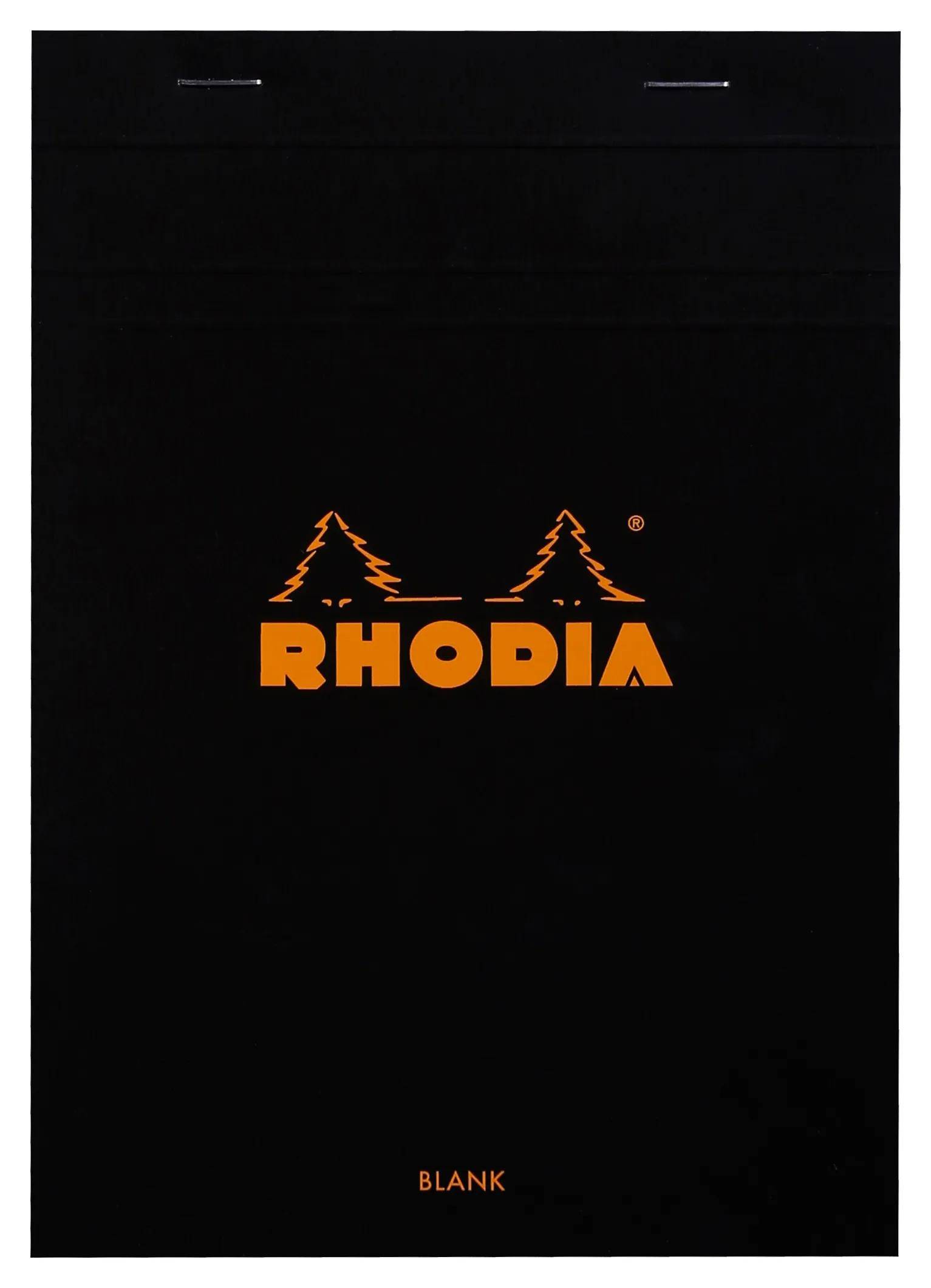 Schwarzes Rhodia Notizbuch mit leerem Einband, orange Rhodia Logo und das Wort „BLANK