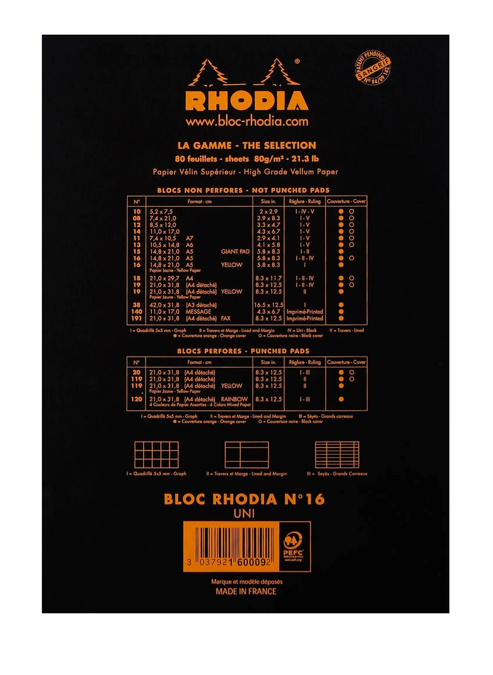 Rhodia Notizblock-Produktblatt auf schwarzem Hintergrund, zeigt 