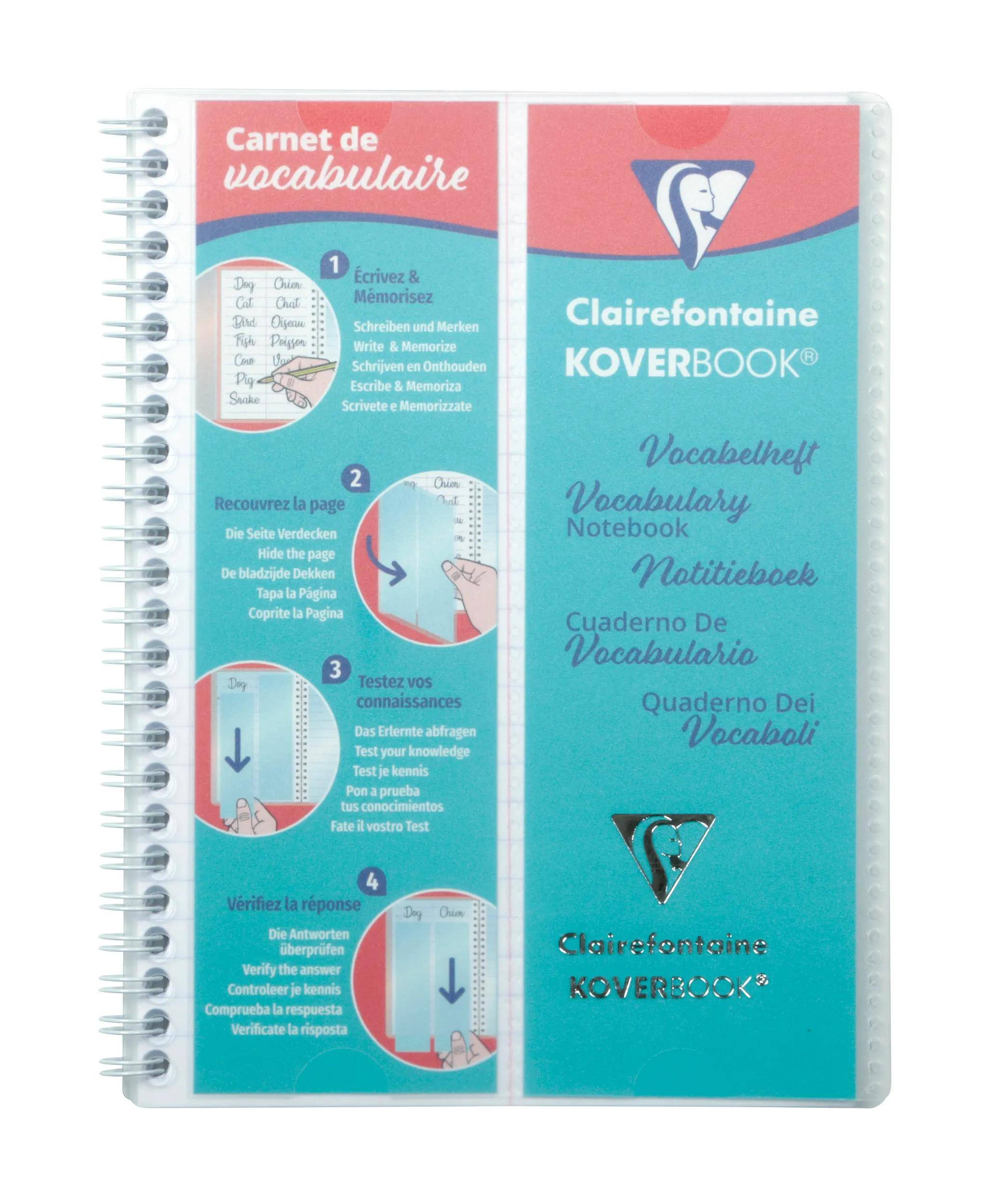 Clairefontaine Koverbook: Carnet de vocabulaire weist Anweisungen zur Vokabelstudium auf: Schreiben, Überprüfung, Testen und Fortschrittserfassung.
