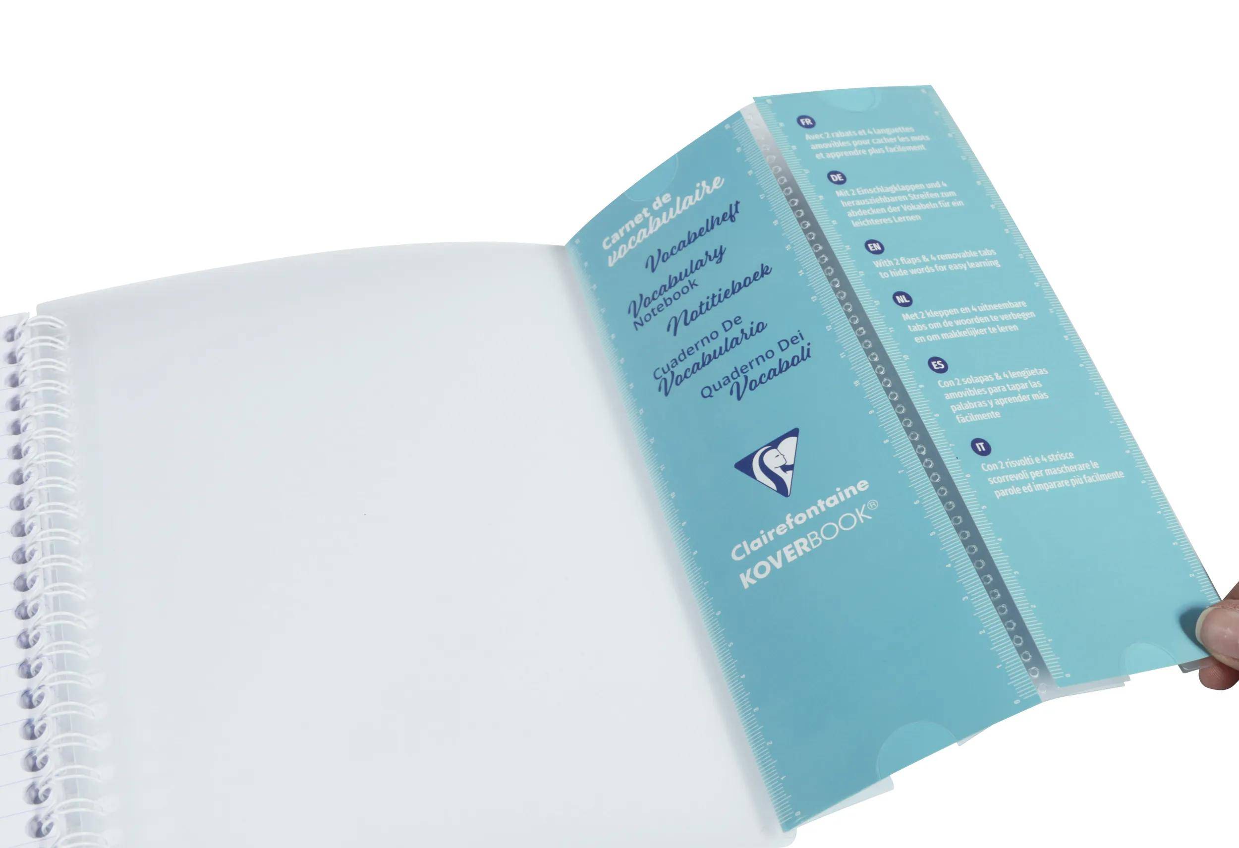 Aufgeschlagenes Spiralblock-Notizbuch mit leeren weißen Seiten und einem türkisfarbenen Registerreiter mit der Aufschrift „Clientele Kouverkoek
