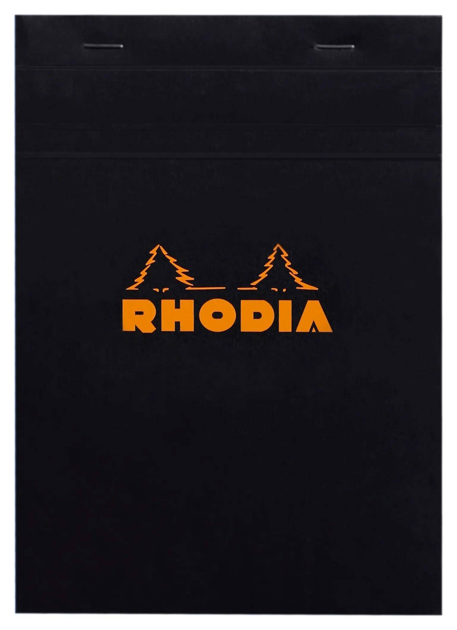 Schwarzer Rhodia-Notizbucheinband mit orangefarbenem „RHODIA