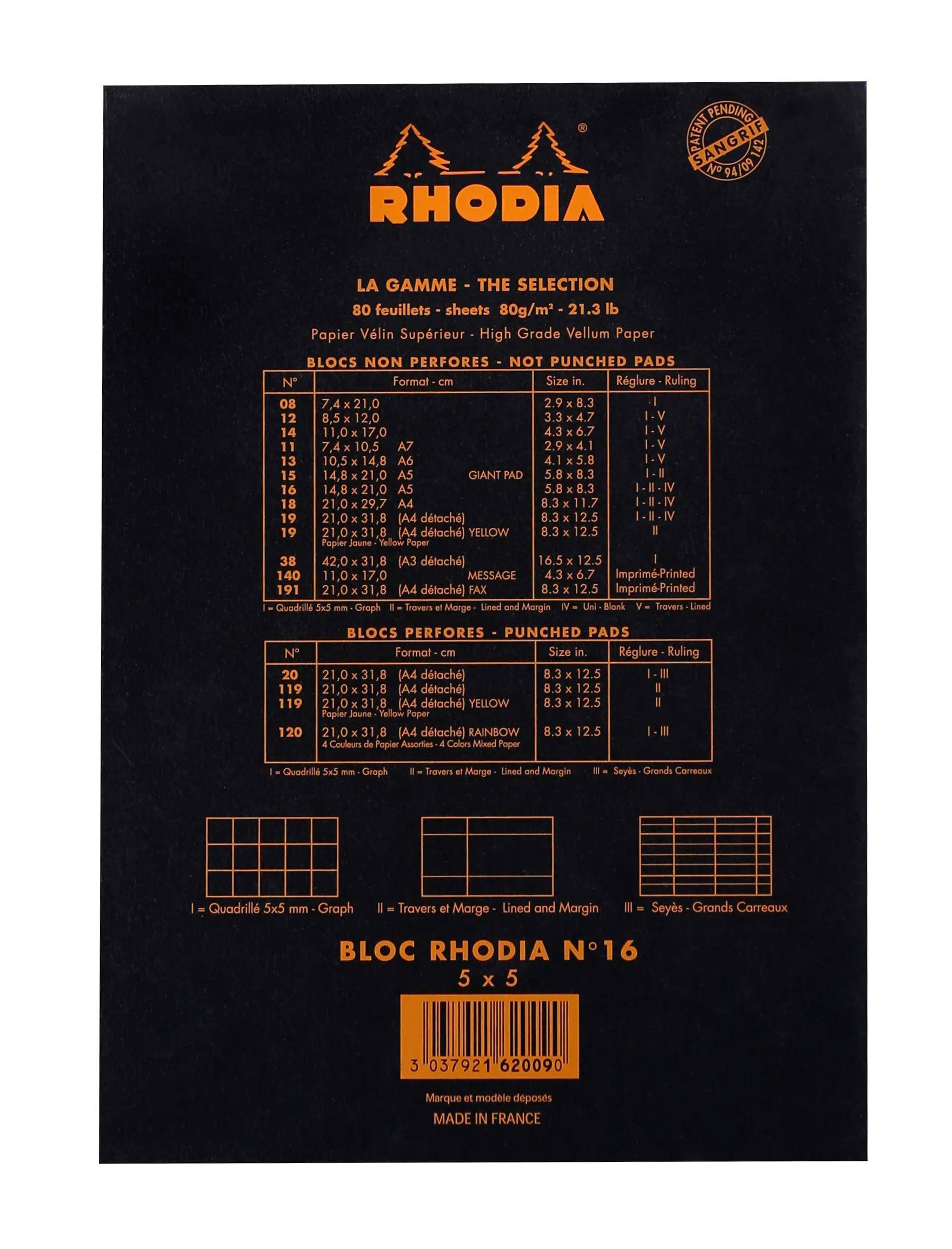 Rhodia'-Notizbucheinband mit einer Tabelle, die Größen und Formate auflistet, einschließlich 'A5' und 'A4'. Die Ausstattung umfasst 80 Blätter hochwertiges Vellinpapier.