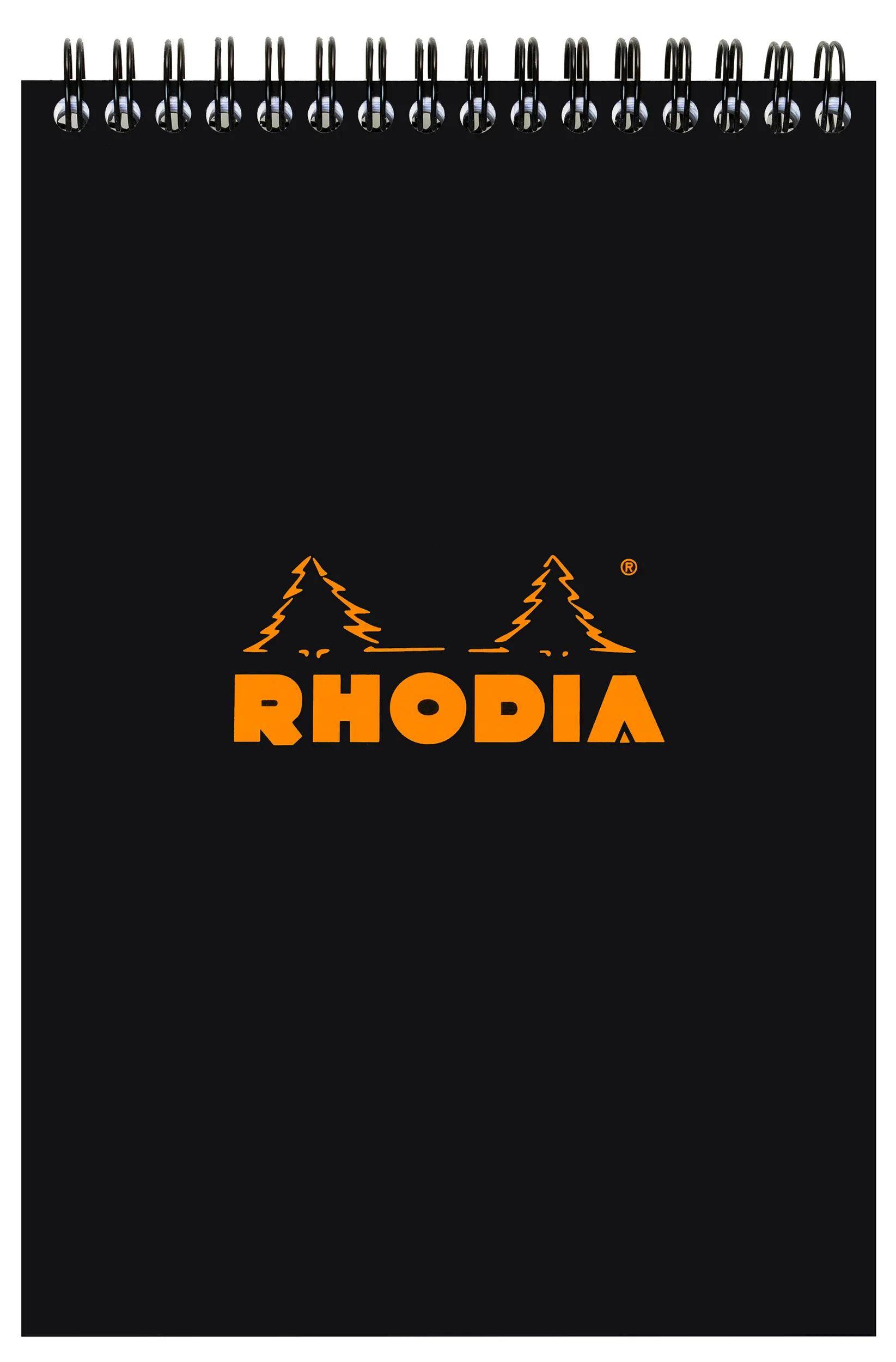Ein schwarzer Hintergrund zeigt das Logo 'Rhodia' in Orange mit zwei stilisierten Kiefern über dem Markennamen.