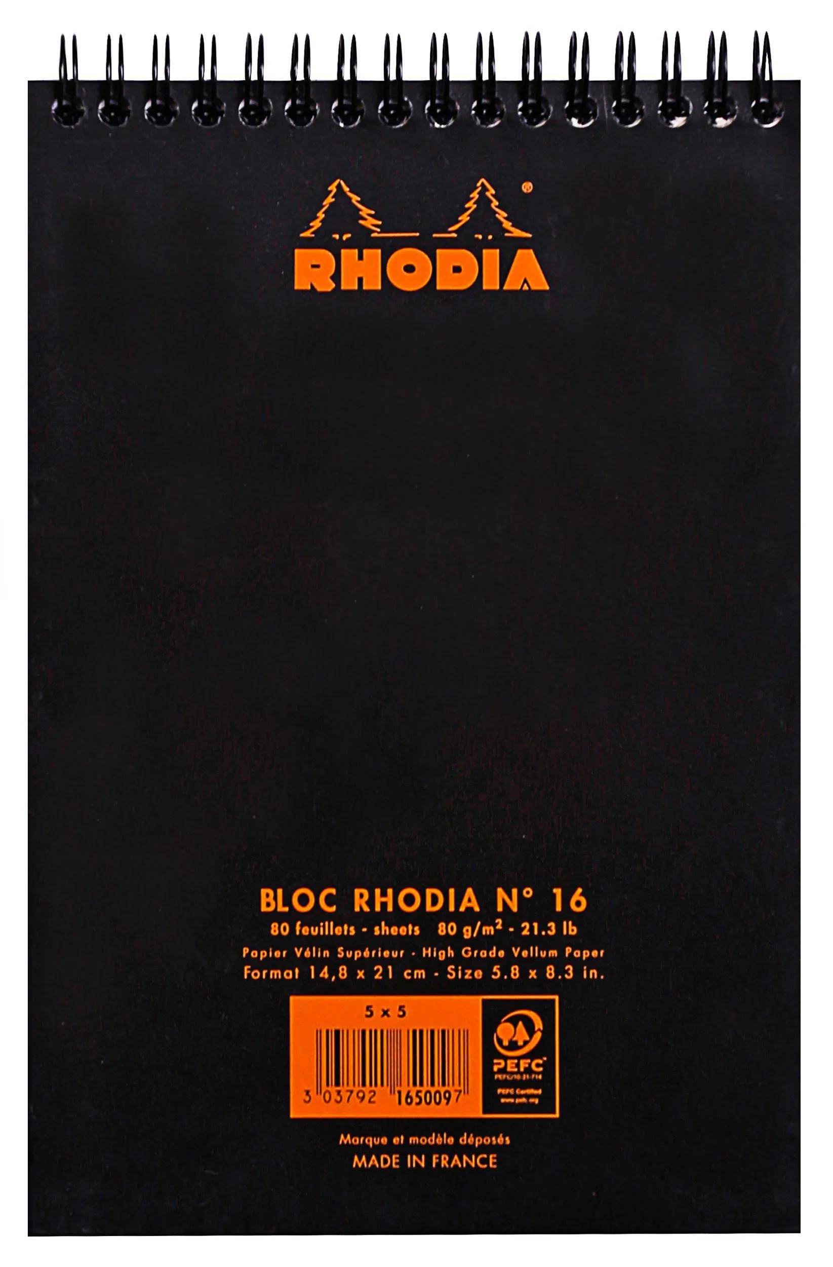 Schwarzer Rhodia-Spiralnotizbuch-Umschlag mit orangem Logo und Produktdetails „BLOC RHODIA N°16", hergestellt in Frankreich.