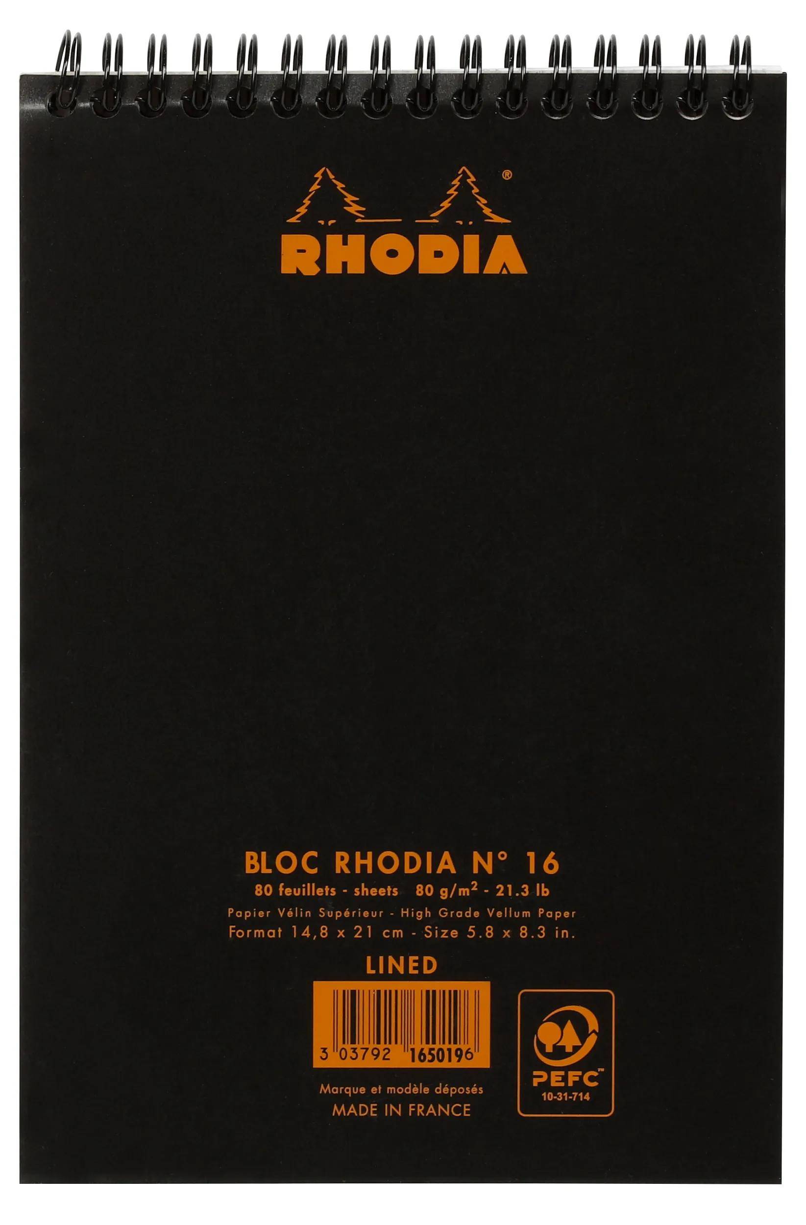 Schwarzes Spiralnotizbuch Rhodia mit Deckblatt mit der Aufschrift „BLOC RHODIA N° 16