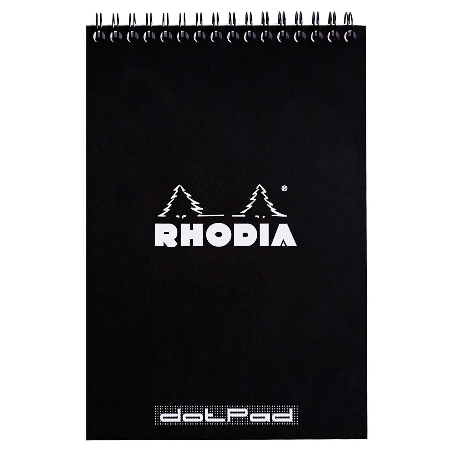 Schwarzes Rhodia dotPad Spiralblock-Notizbuch mit weißem Logo und dotPad-Branding.