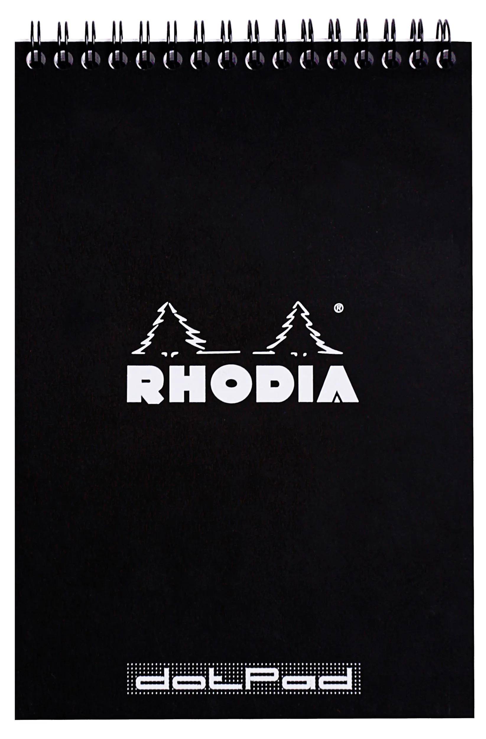 Schwarzer Umschlag mit dem 'RHODIA'-Logo mit zwei stilisierten Bäumen über dem Wort.