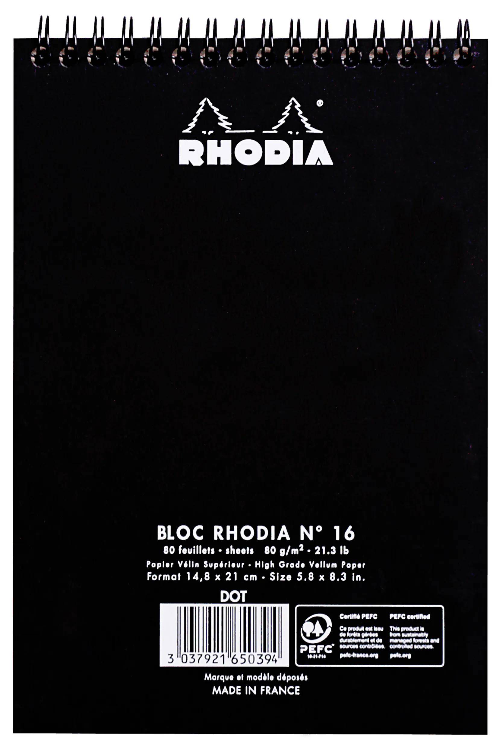 Umschlag des Rhodia-Notizblocks, schwarzer Hintergrund mit weißem Text 