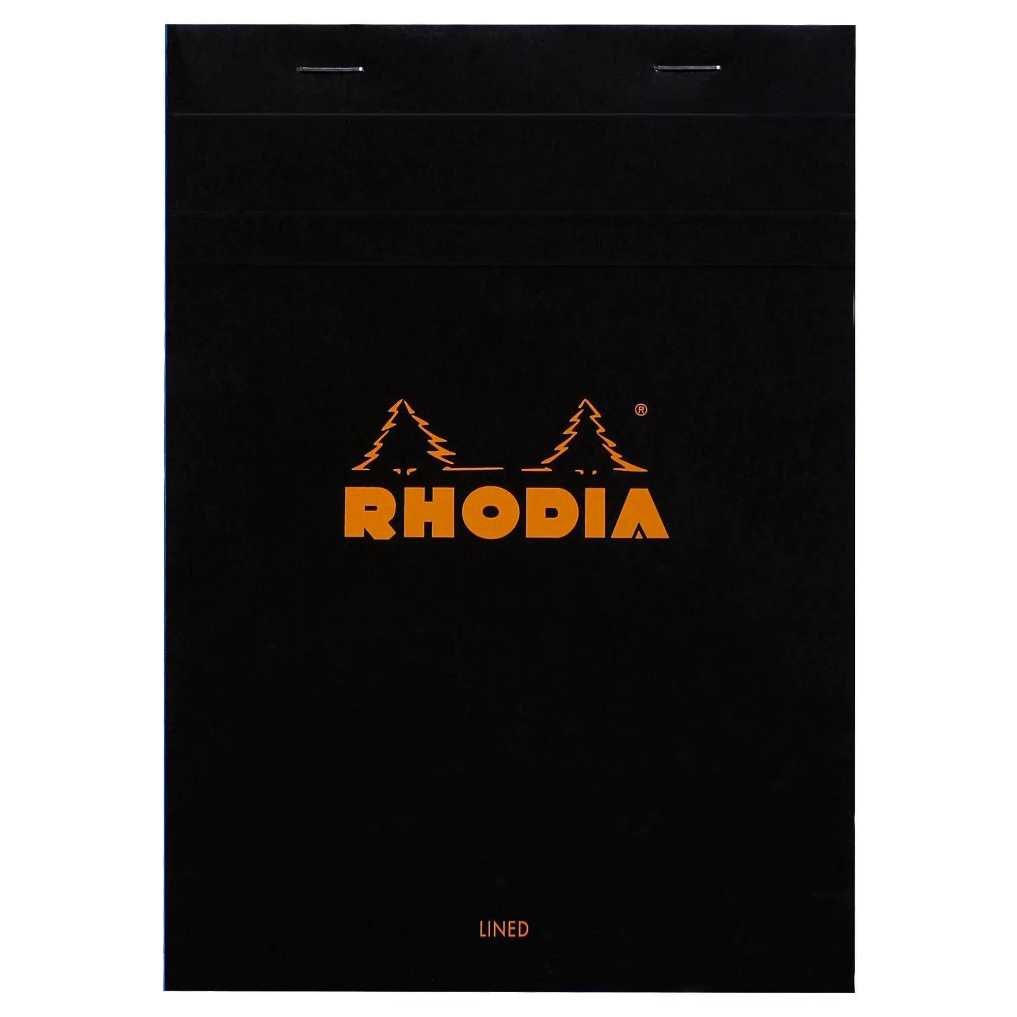 Schwarzer Rhodia-Notizbucheinband mit orangefarbenem Logo und Bäumen, unten mit der Aufschrift „LINIERT