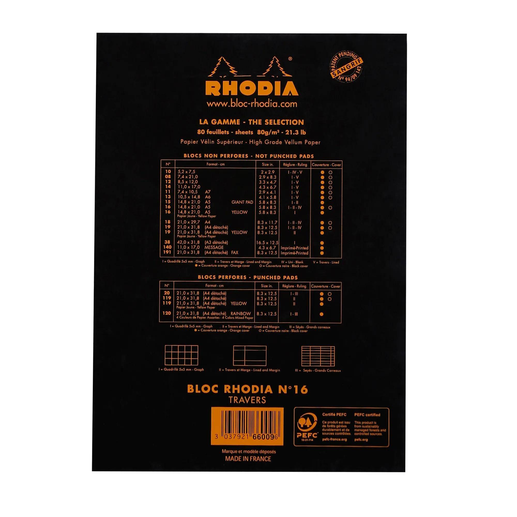 Rückseite eines Rhodia-Notizbuchs mit einer Produktlinie-Auswahldiagramm, Papierformaten und Linienoptionen, mit Barcode und dem Etikett "Bloc Rhodia n°16 Travaux"".