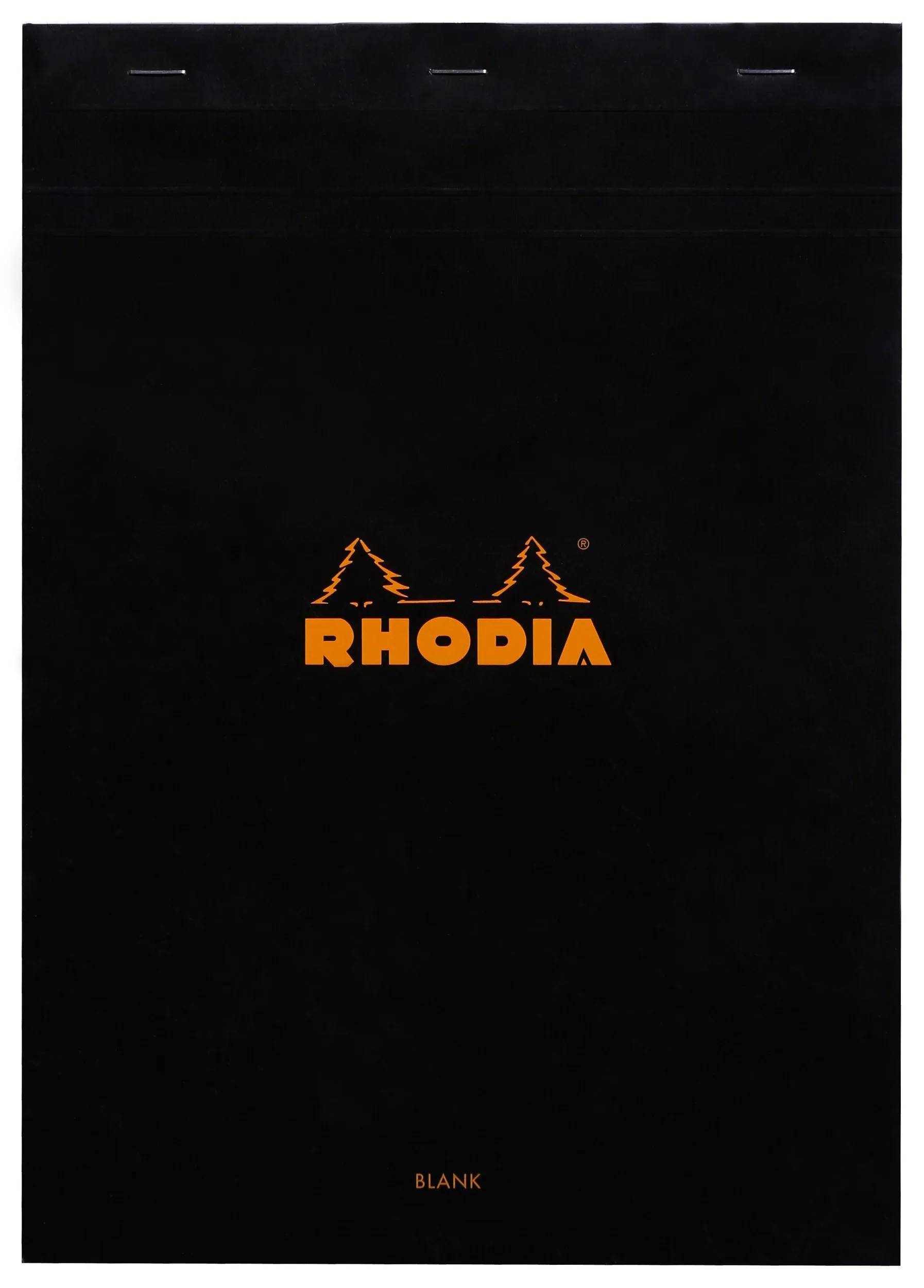 Schwarzer Notizbucheinband mit orangefarbenem „Rhodia