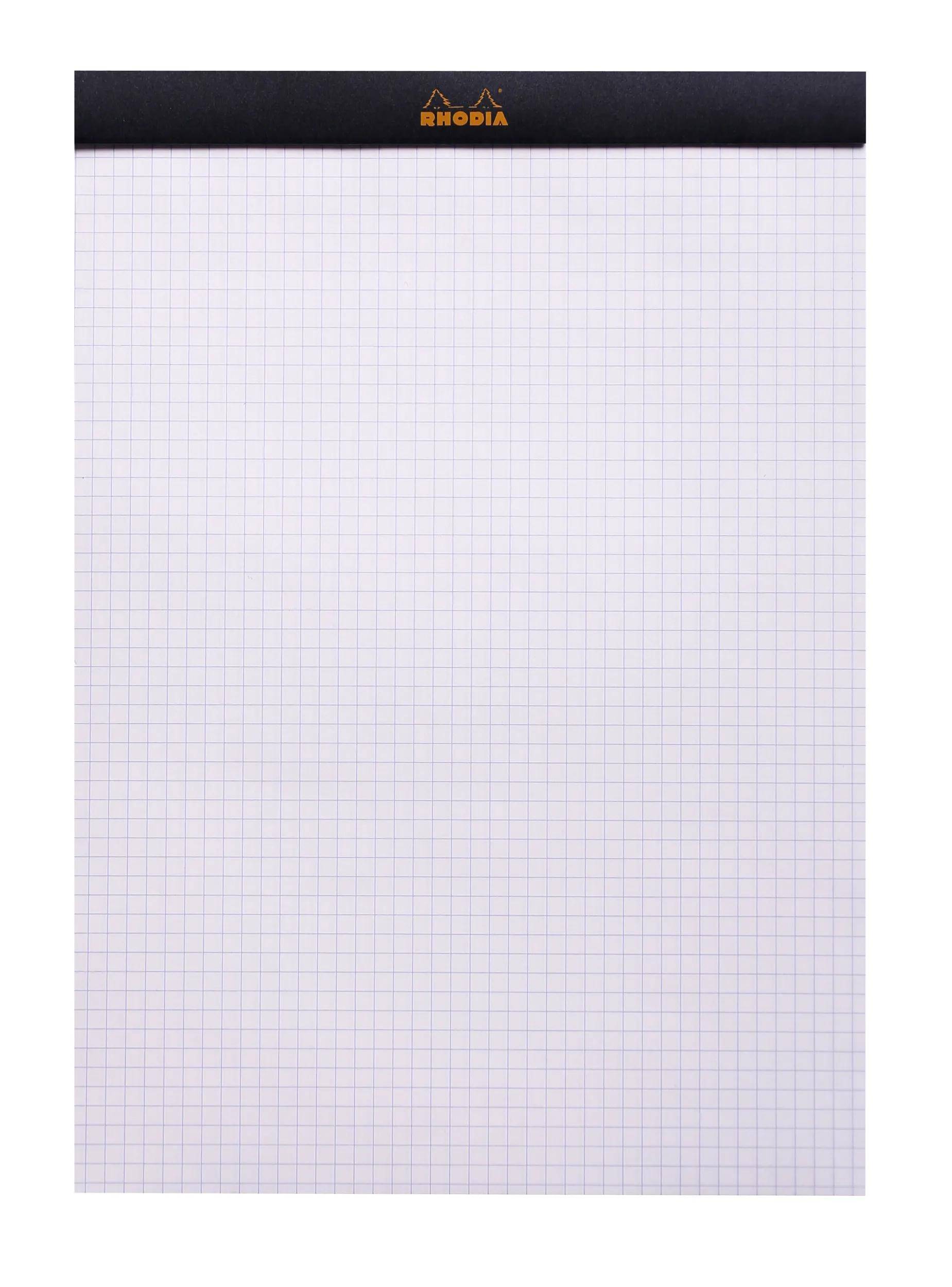 Rhodia Notizblock aus blankem Papier mit leichtem Quadratgitter und schwarzem oberen Kopfbereich.