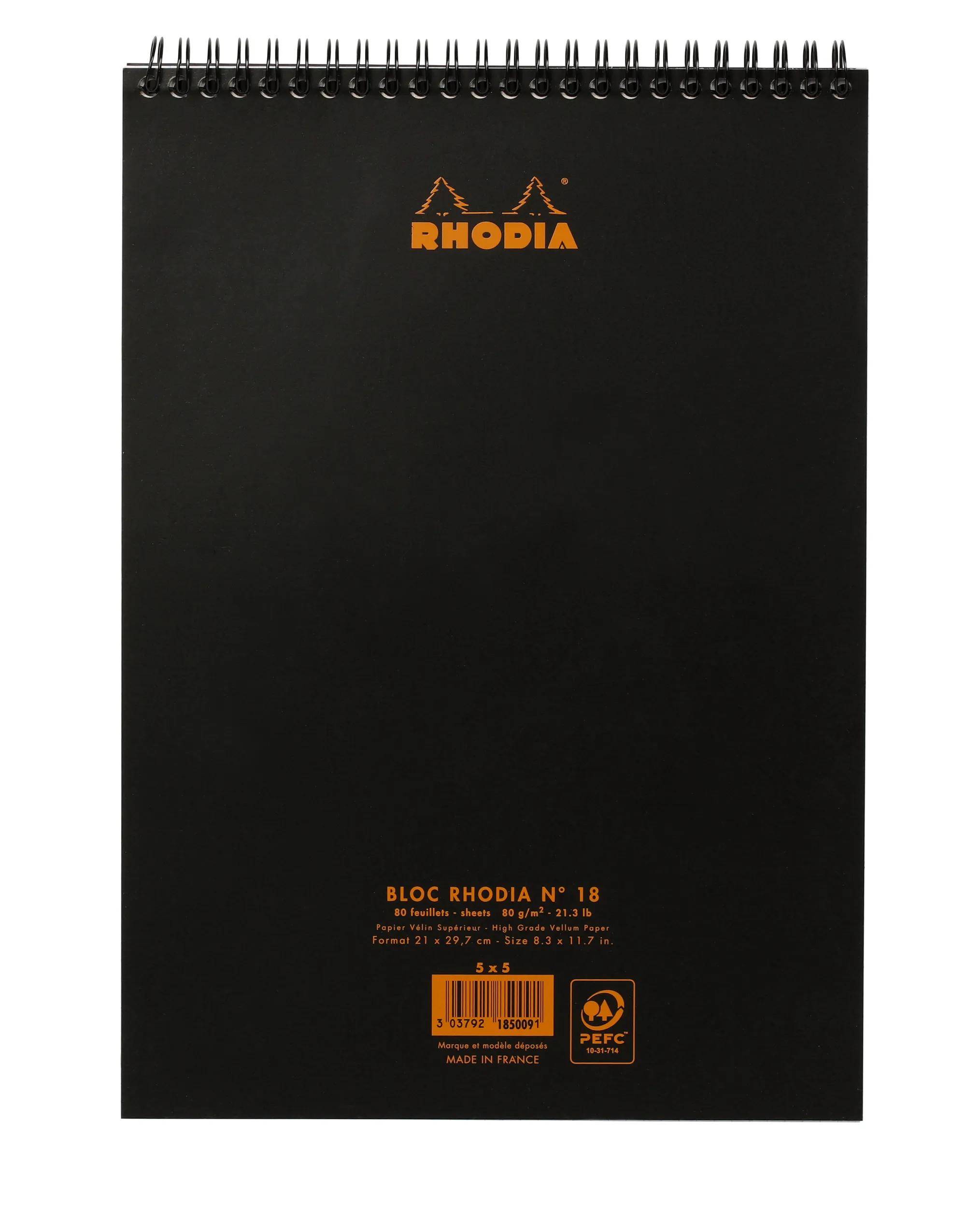 Schwarzer Umschlag eines Rhodia-Notizbuchs mit orangefarbenem Rhodia-Logo und Bäumen. Enthält Produktdetails wie „Bloc Rhodia No. 18