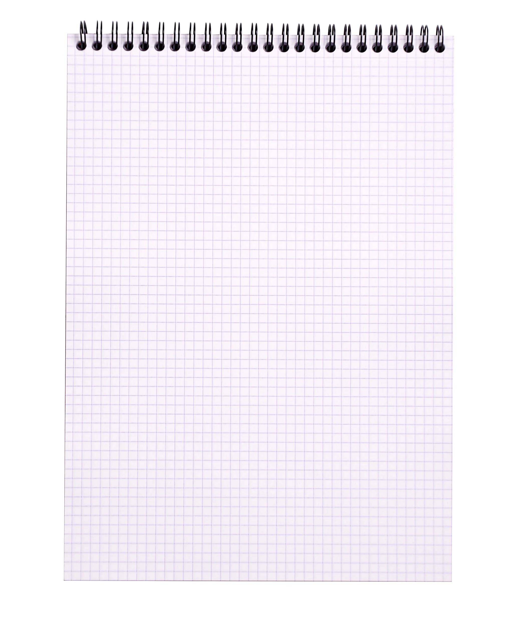 Leere Seite eines spiralgebundenen Notizbuchs mit Millimeterpapier auf weißem Hintergrund mit hellvioletten Gitterlinien.