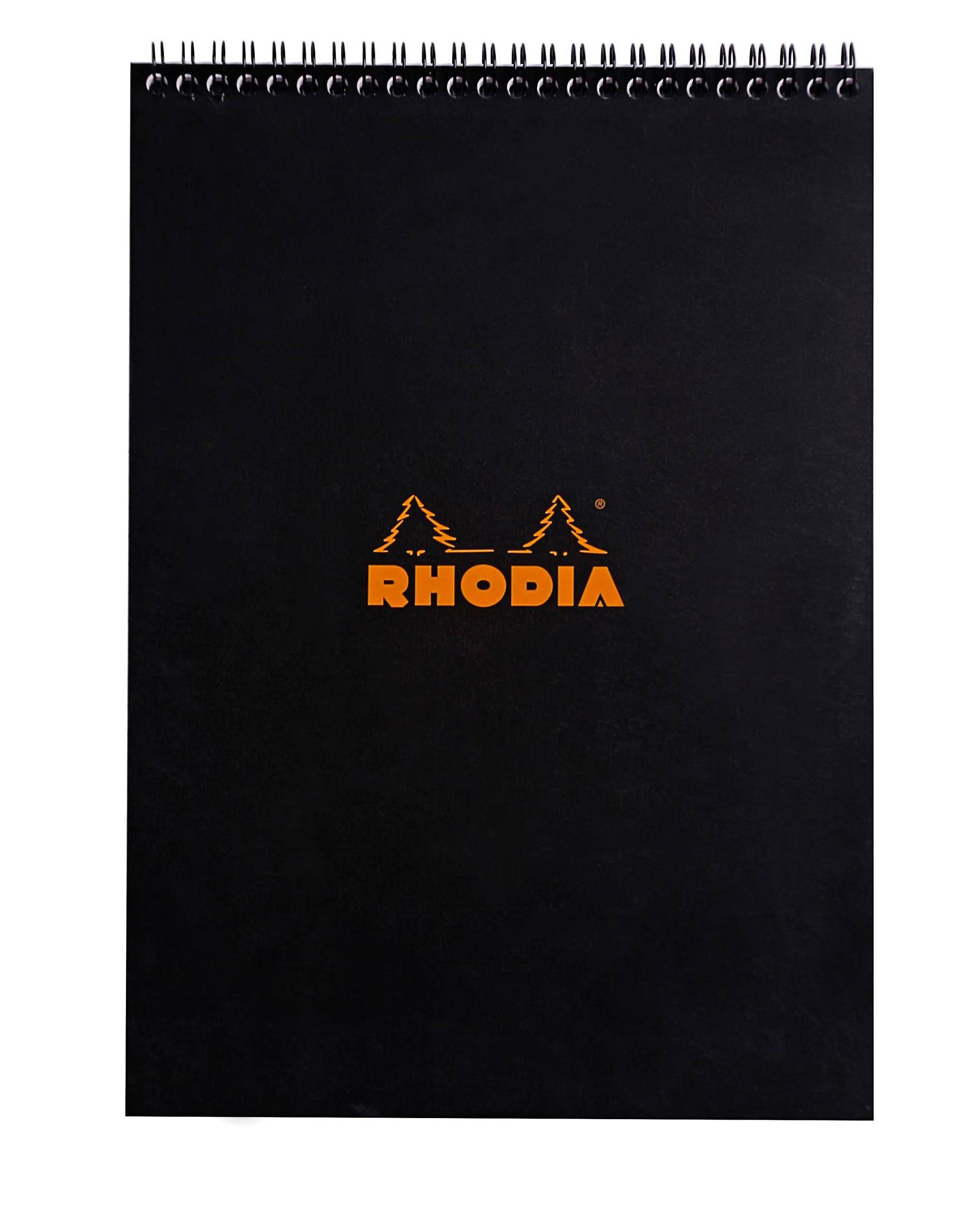 Schwarzes spiralgebundenes Rhodia-Notizbuch mit zentriertem orangefarbenem Logo auf dem Umschlag.