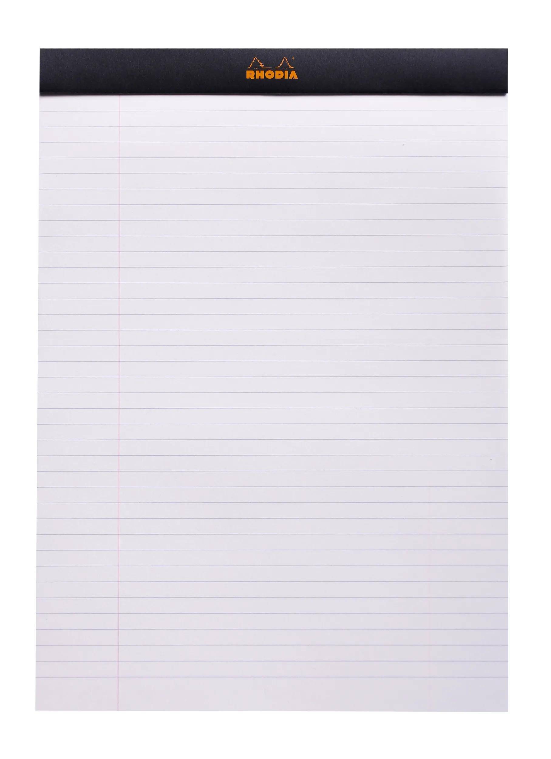Karierter Rhodia Notizblock mit dunkler oberer Bindung und orangem Logo.