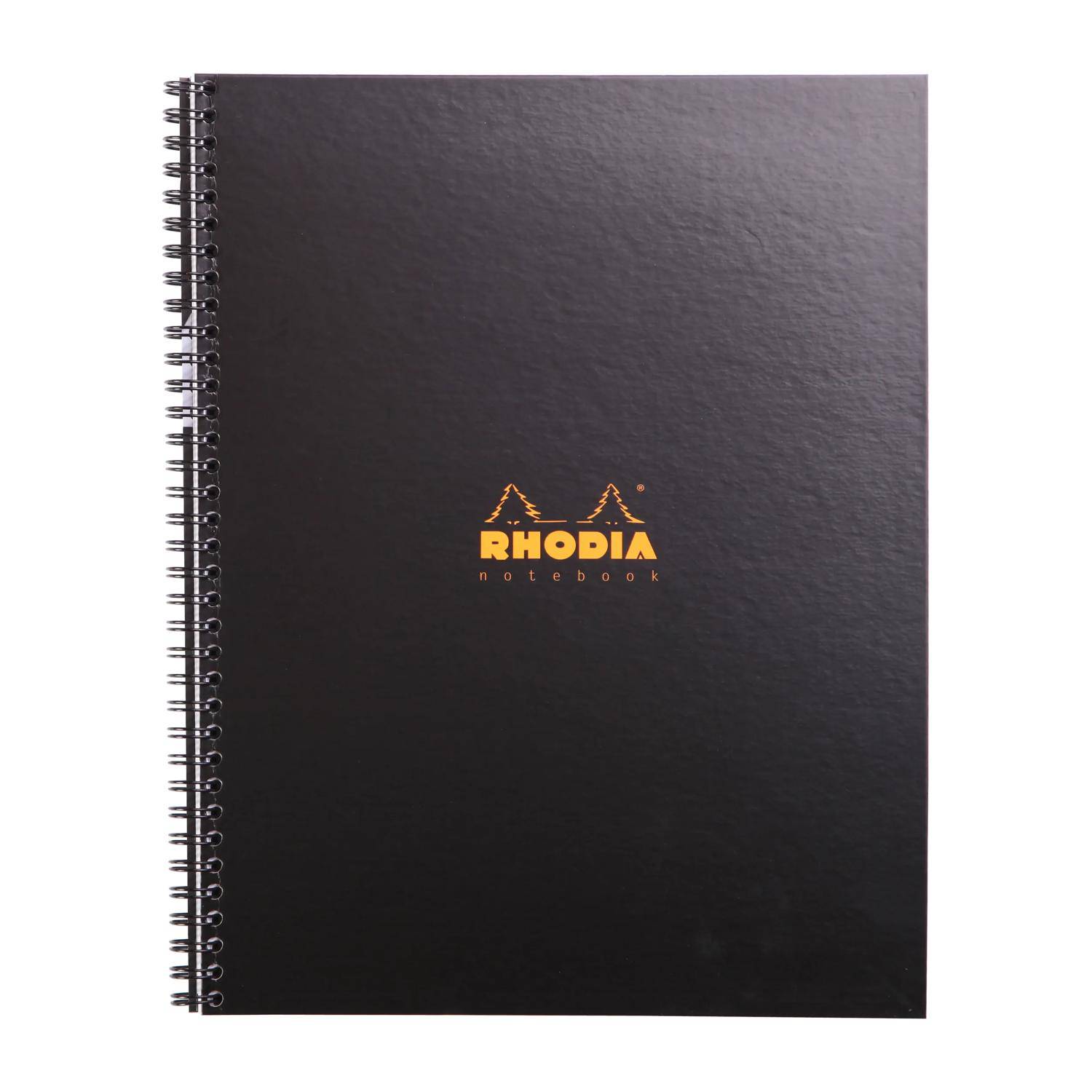 Schwarzes Rhodia-Notizbuch mit Spiralbindung und orangem Logo auf dem Umschlag.