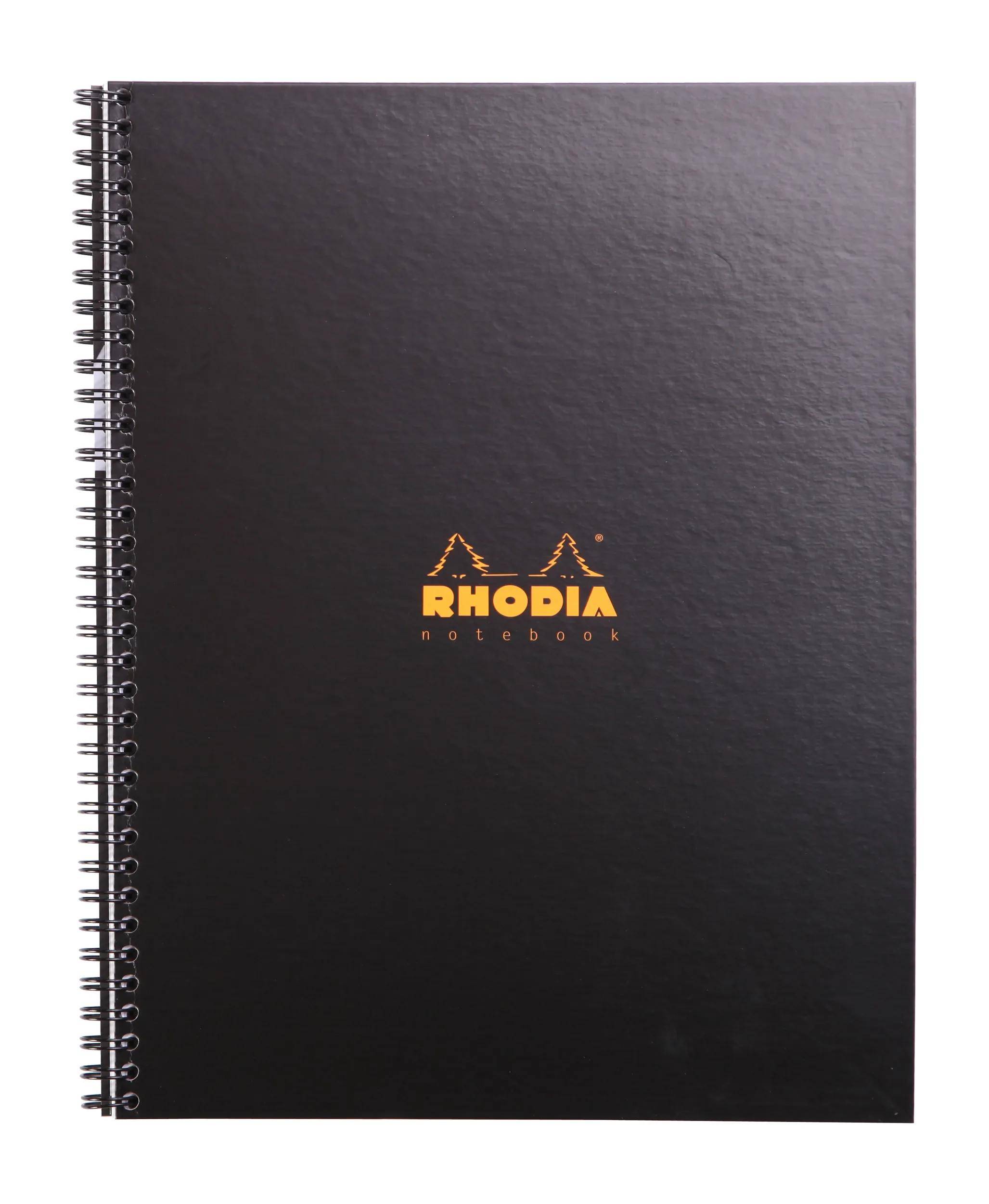 Schwarzer spiralgebundener Rhodia-Notizbucheinband mit orangem 