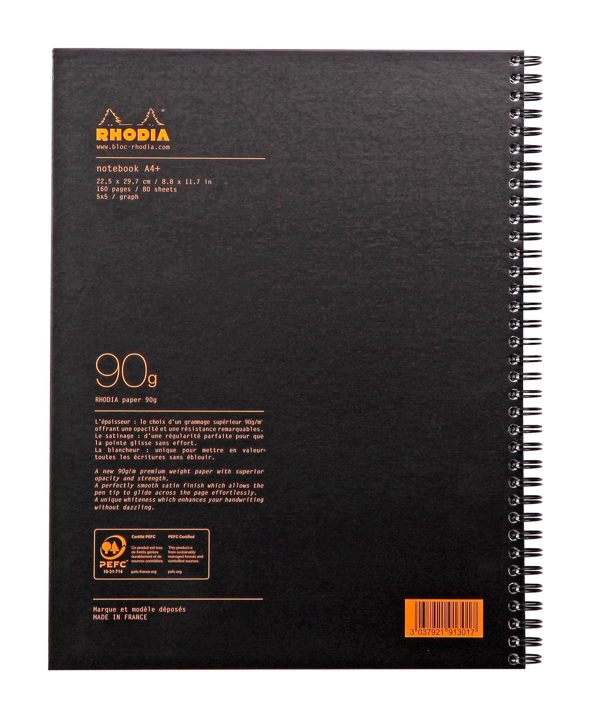 Schwarzer spiralgebundener Rhodia-Notizbucheinband mit orangefarbenem Logo und Text, der Papiergröße, Papiergewicht und Umweltzertifizierungen beschreibt.