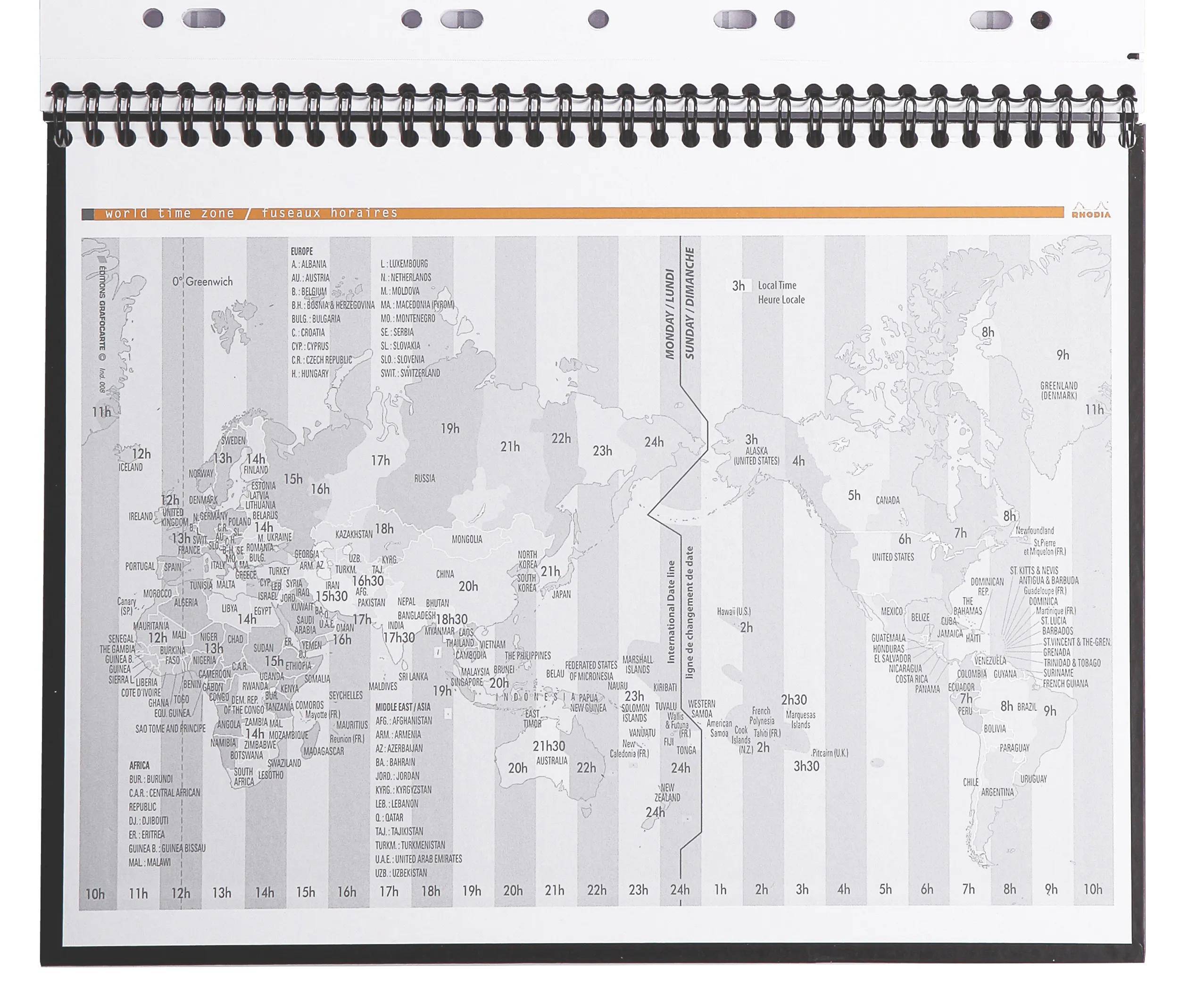 Weltkarte mit globalen Zeitzonen, auf der Großstädte markiert sind. Vertikale Linien stellen Stundenunterschiede zur GMT dar.