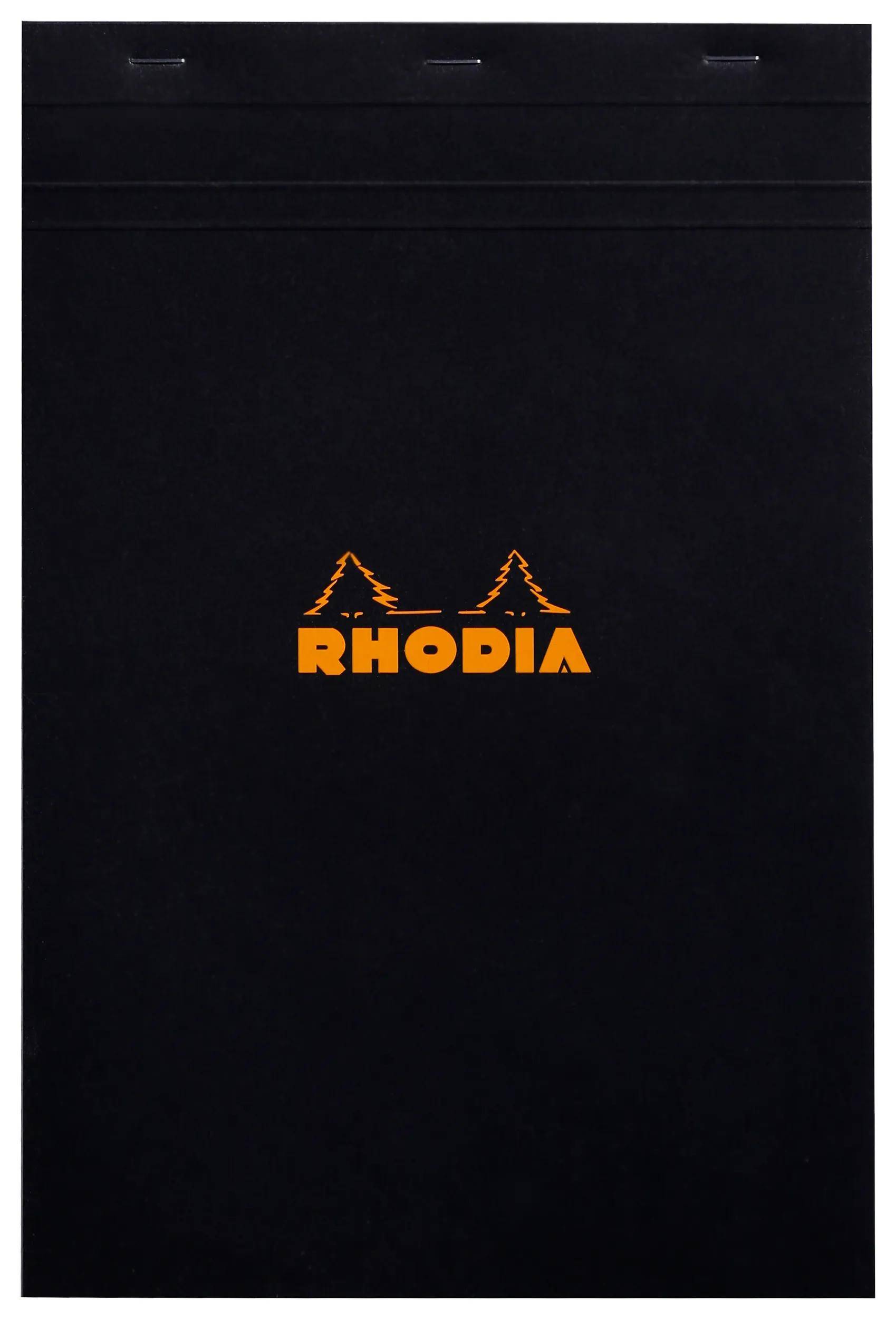Schwarzer Notizbucheinband mit orangem „RHODIA