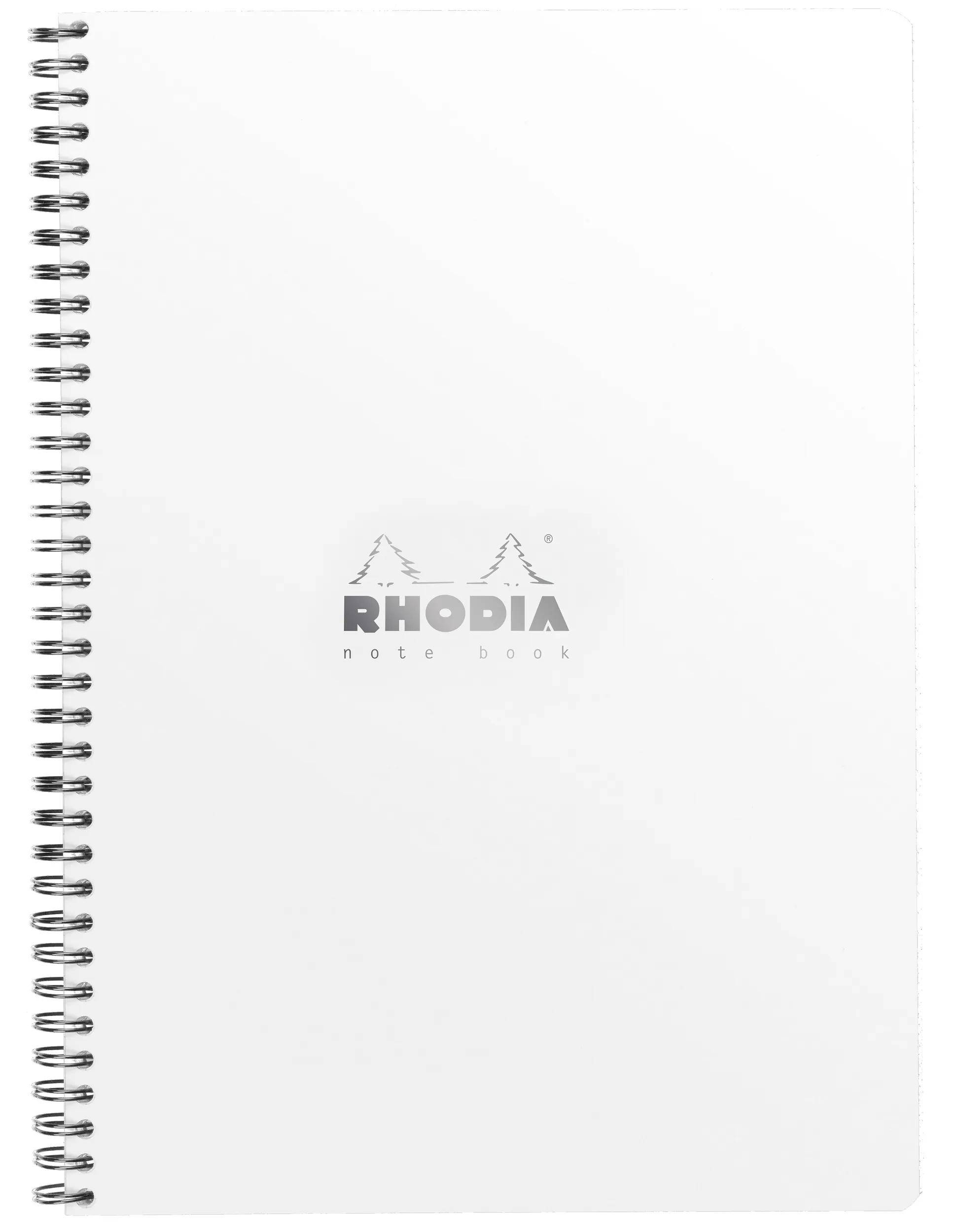 Rhodia-Notizbuch mit Spiralbindung und leerem weißem Umschlag.