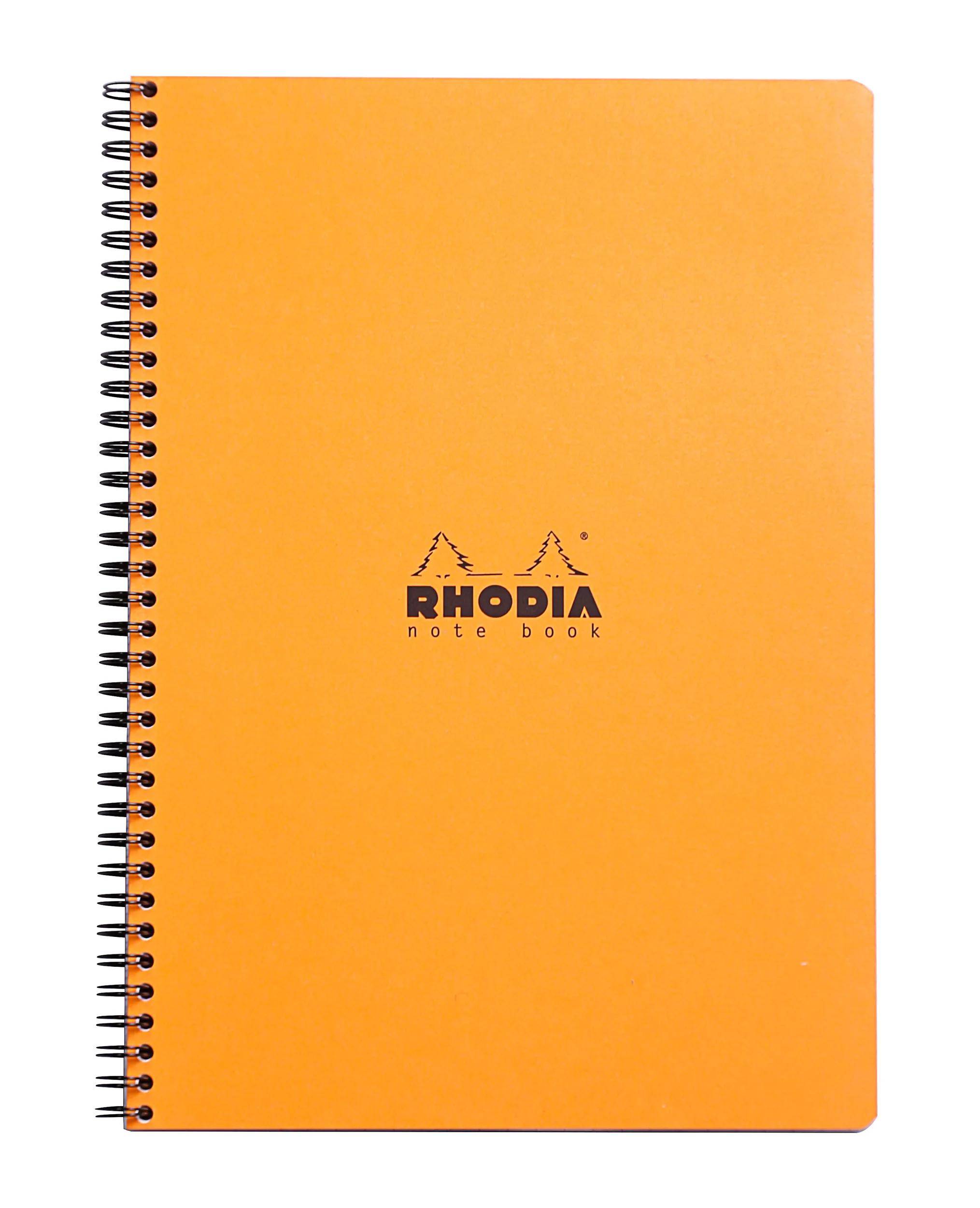 Orange spiralgebundener Rhodia-Notizbuchdeckel mit zentriertem Logo „RHODIA note book