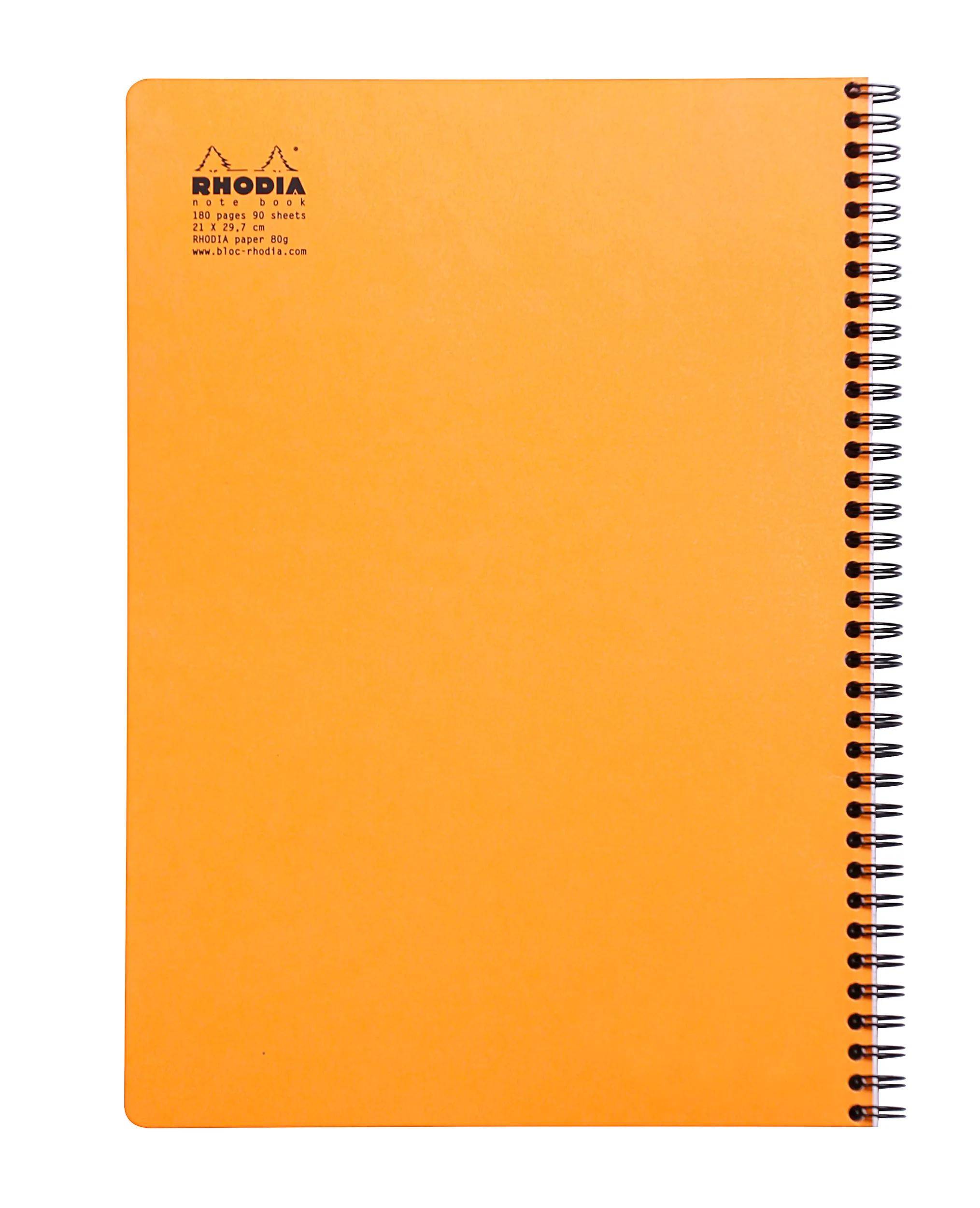 Oranges Rhodia-Spiralnotizbuch mit Markenlogo oben links und schwarzer Spiralbindung auf der rechten Seite.