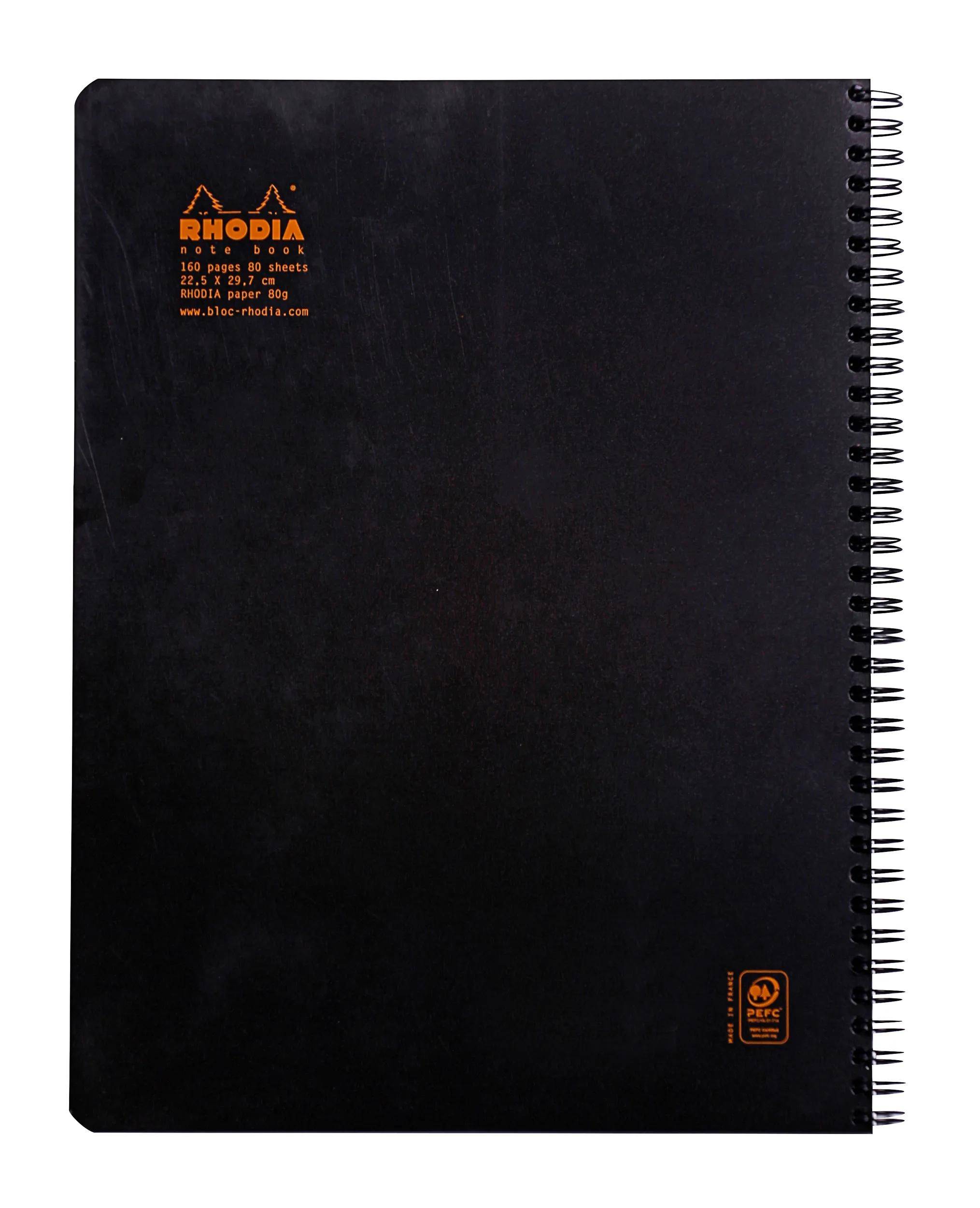 Schwarzes spiralgebundenes Rhodia-Notizbuch mit schwarzem Umschlag und orangefarbigem Logo-Text in der Nähe der oberen linken Ecke.