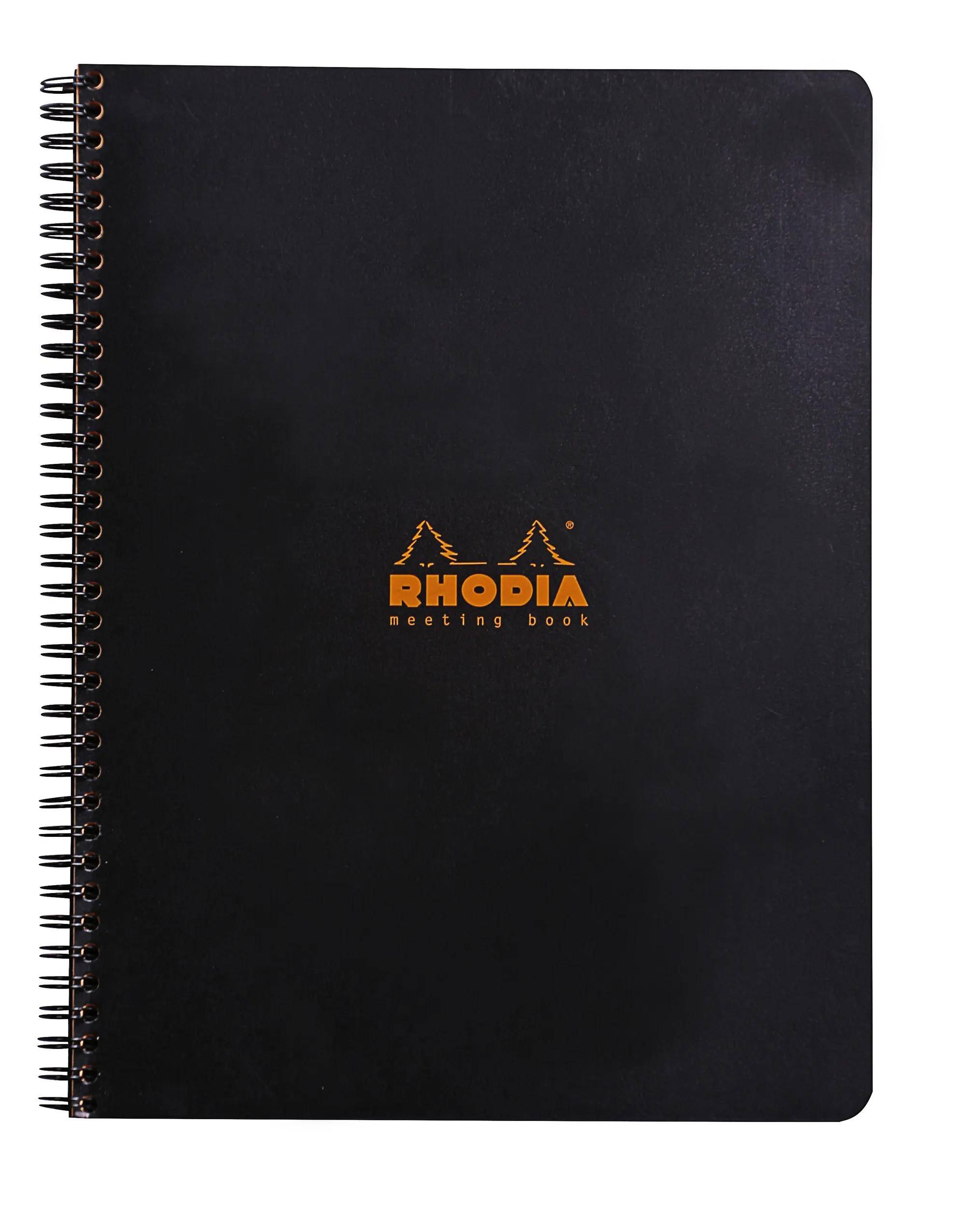 Rhodia Spiralblock mit schwarzem Einband und orangem Logo in der Mitte; mit der Bezeichnung „Notizbuch für Besprechungen