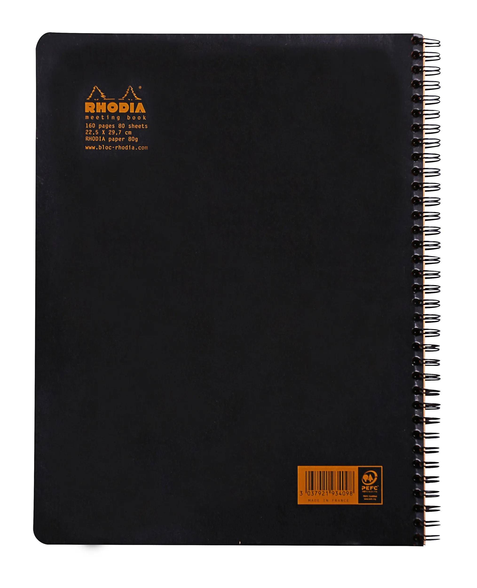 Ein schwarzes Spiralblock-Notizbuch von Rhodia mit orangefarbenem Text in der oberen linken Ecke, das Markennamen und Details anzeigt.