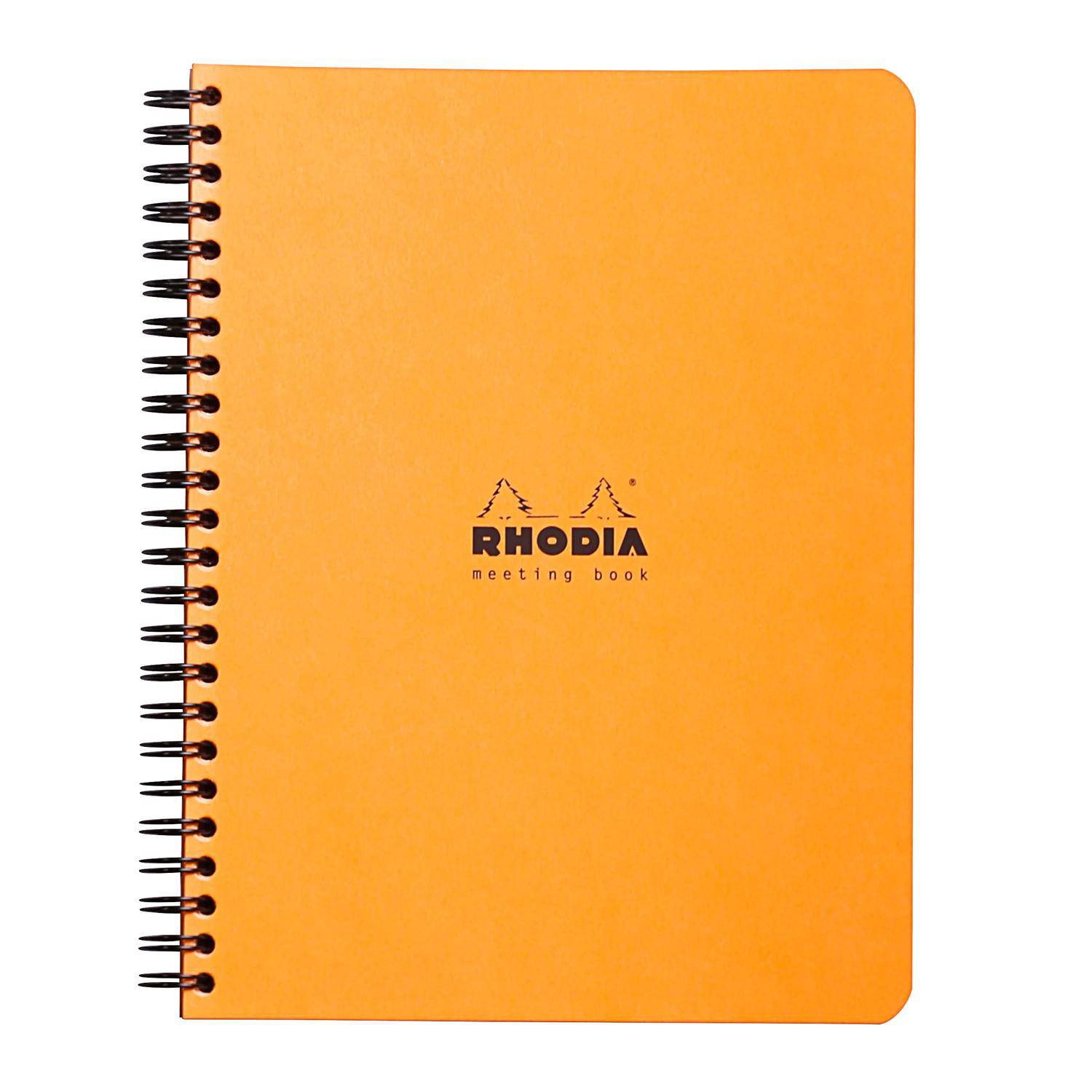 Orange Rhodia Notizbuch mit schwarzer Spiralbindung auf der linken Seite, geschlossen vor weißem Hintergrund dargestellt.