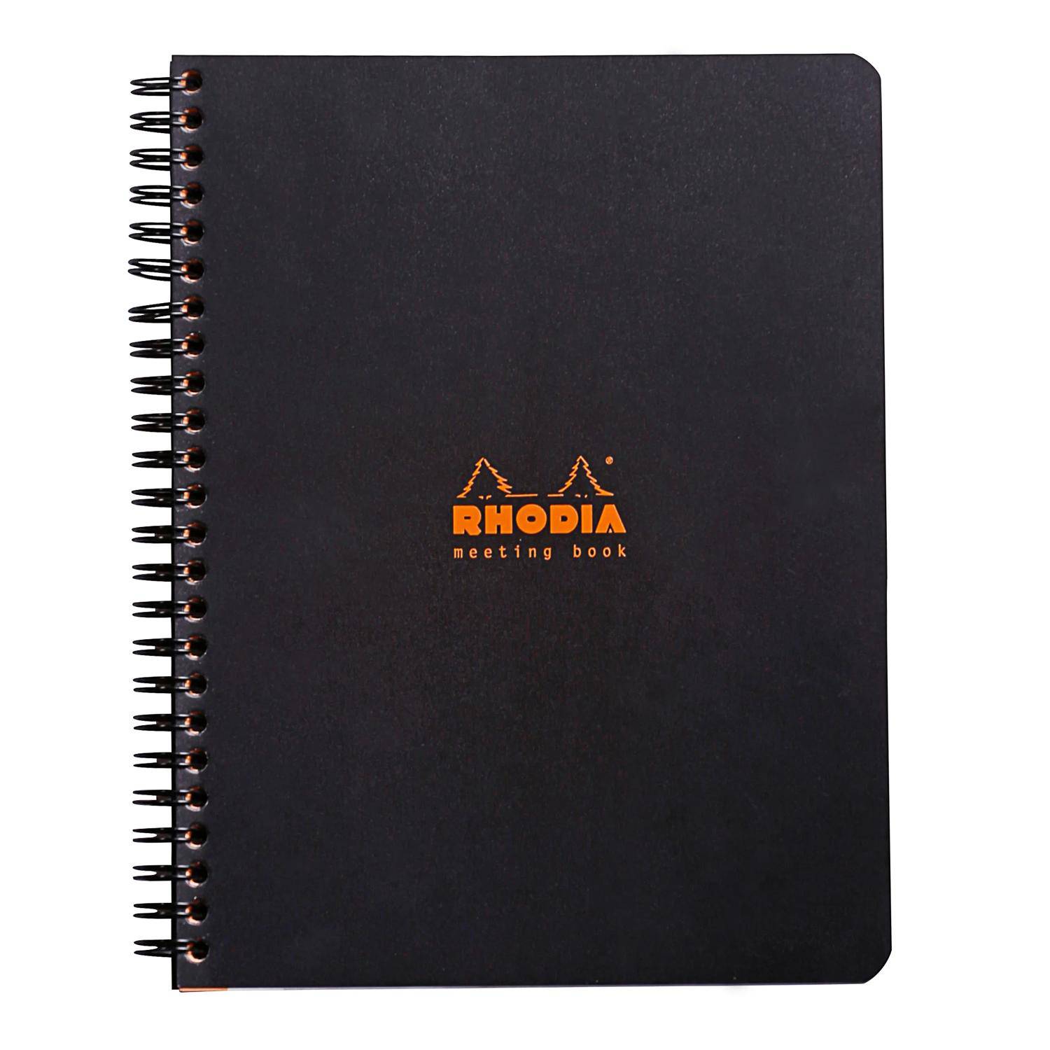 Schwarzes spiralgebundenes Rhodia-Besprechungsbuch-Notizbuch mit orangefarbenem Logo auf dem Umschlag, auf weißem Hintergrund gezeigt.