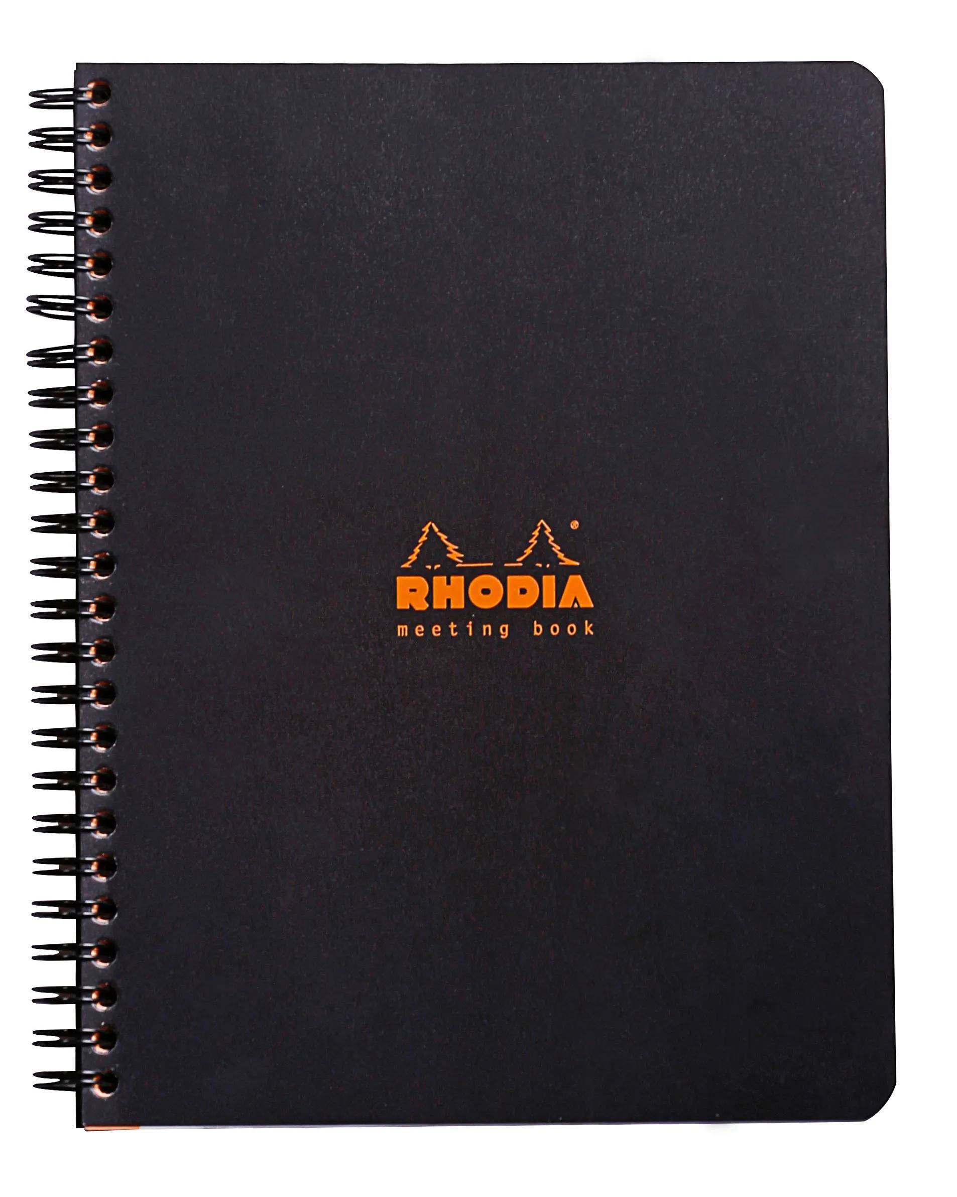 Schwarzes Rhodia-Notizbuch mit Spiralbindung für Meetings und orange Logo auf dem Umschlag.