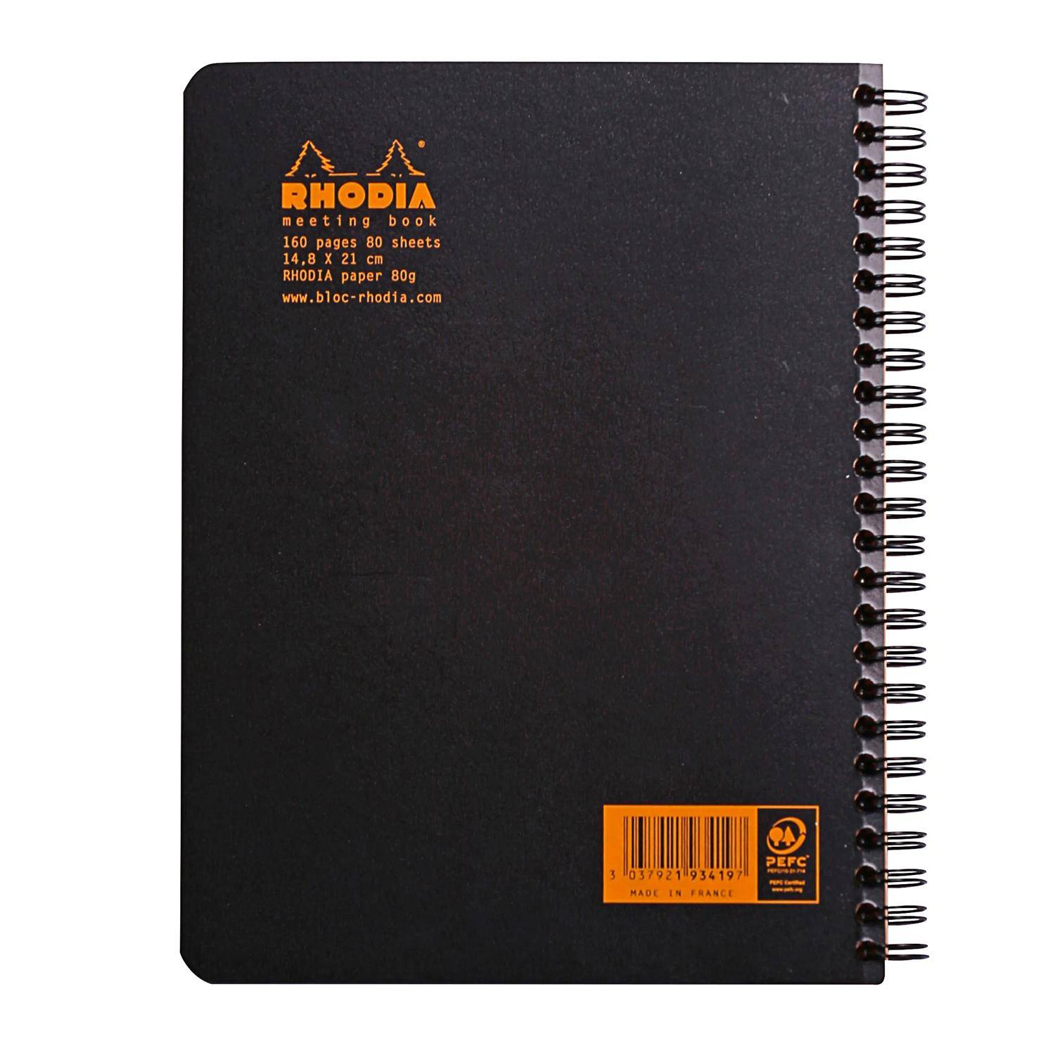 Schwarzes Rhodia-Notizbuch mit Spiralbindung, orangem Logo und Barcode auf dem Umschlag.