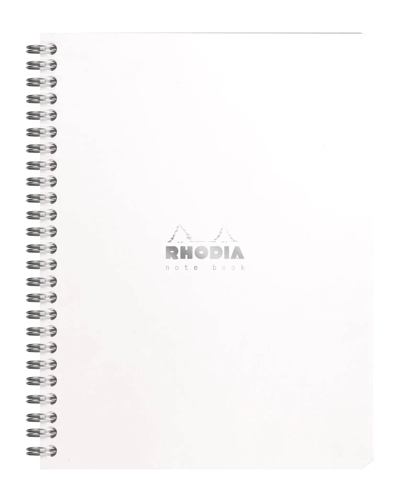 Ein leeres Rhodia-Spiralblock-Notizbuch mit schllichtem weißem Umschlag, mit dem Markenlogo und dem Text „RHODIA note book