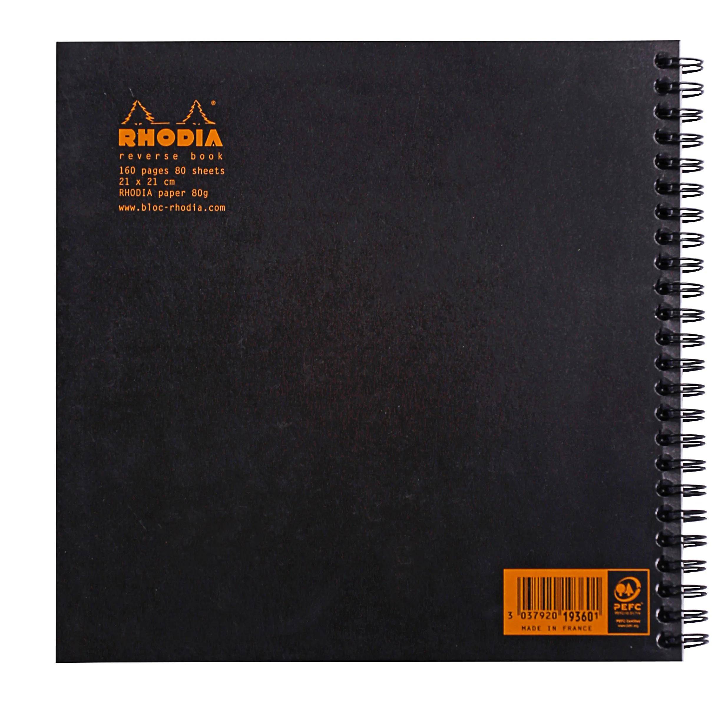 Spiralgebundener schwarzer Notizbuchdeckel mit dem Text „Rhodia Reverse Book