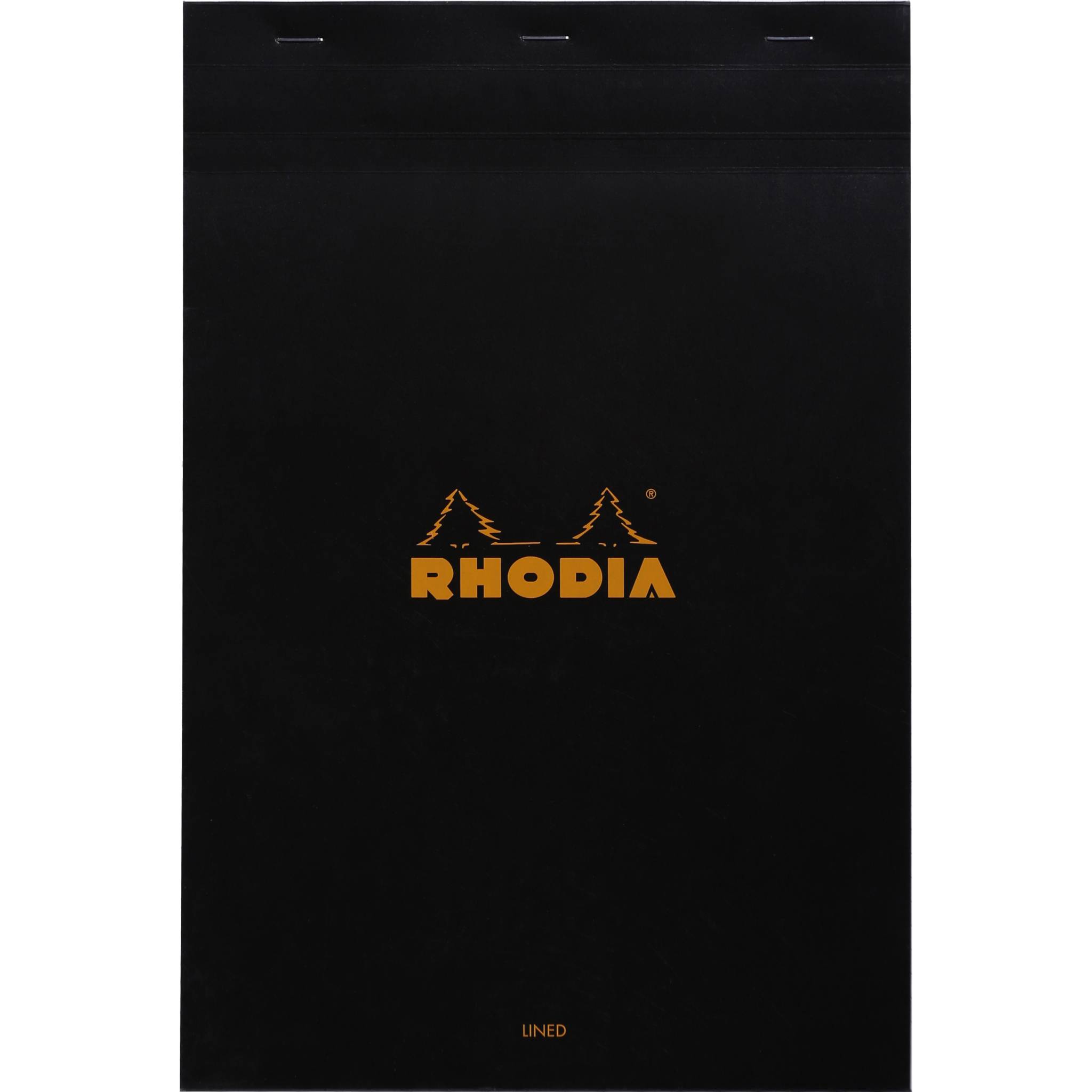 Schwarzer Rhodia-Notizblock mit Linien und zentriertem orangefarbenem Logo auf dem Umschlag.