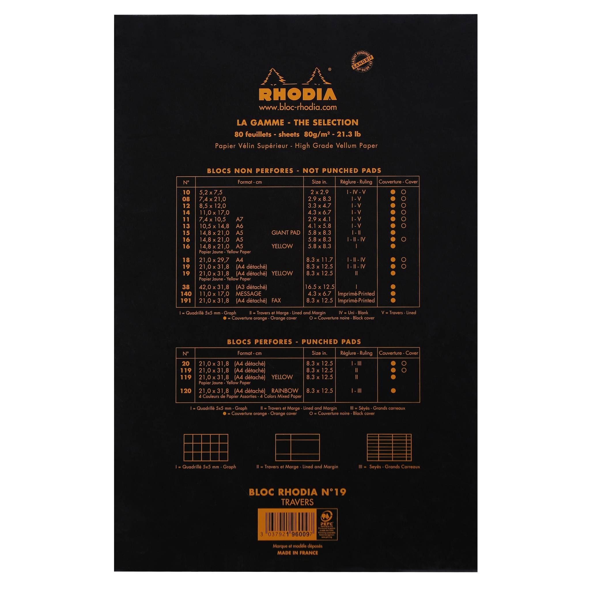Schwarzer Rhodia-Notizbucheinband mit orangenen Produktspezifikationen, Größentabellen und Barcode auf dunklem Hintergrund.