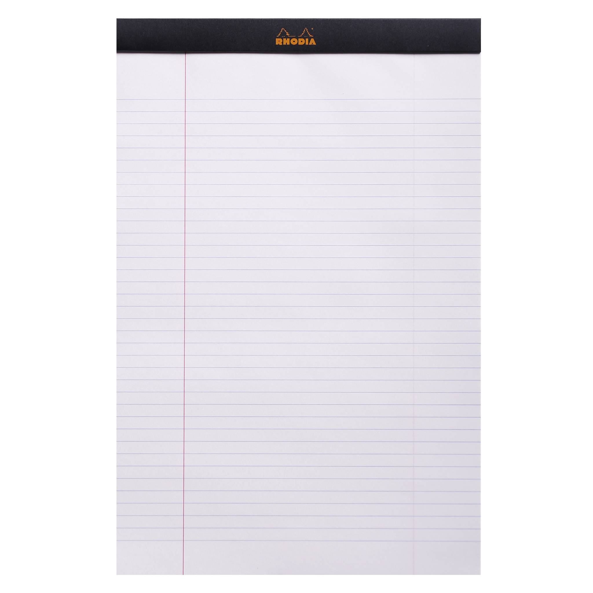 Leeres Rhodia-Notizbuch mit Linien, schwarzer oberer Kopfleiste und orangem Logo, mit zarten horizontalen Linien und rotem linken Rand.