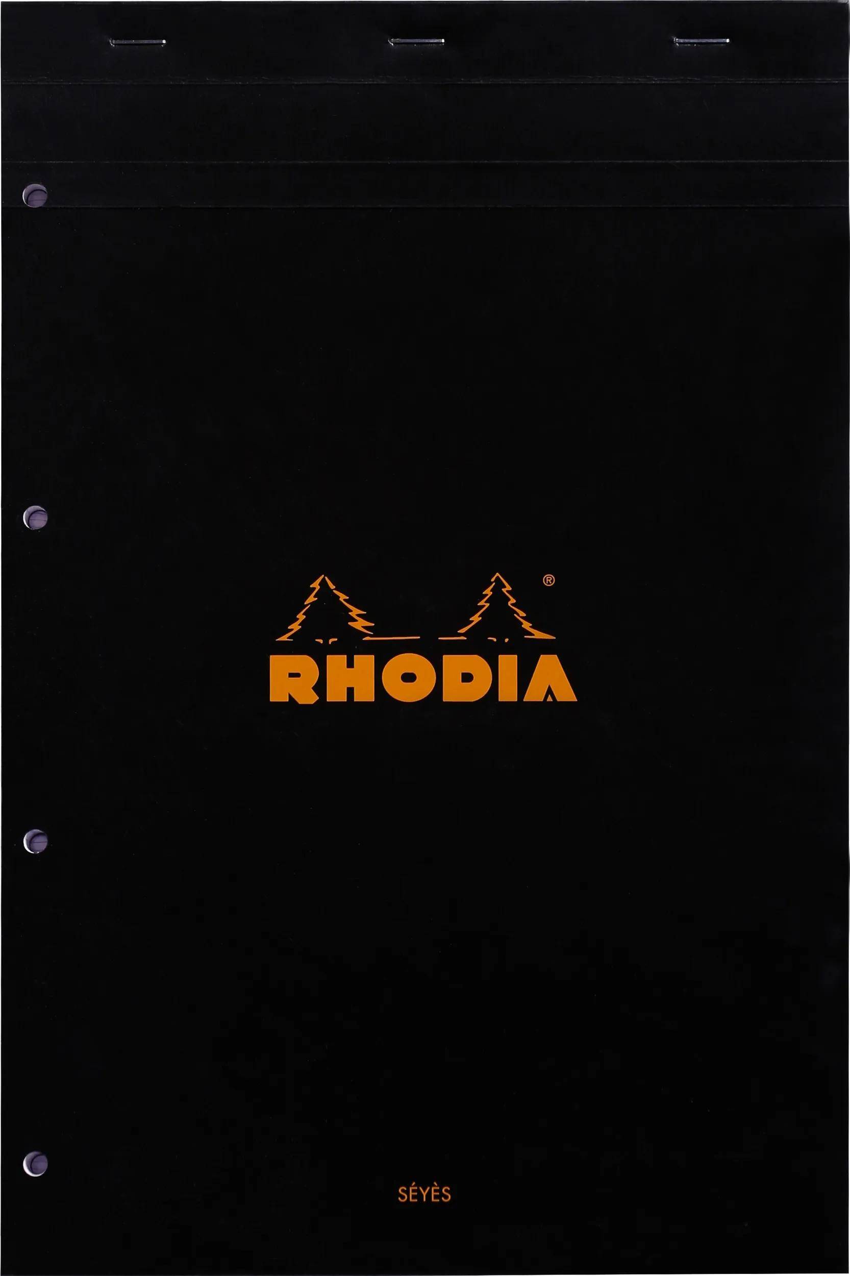 Schwarzer Umschlag eines Rhodia-Notizbuchs mit dem Logo der Marke in Orange und stilisierten Bäumen über dem Text „Rhodia