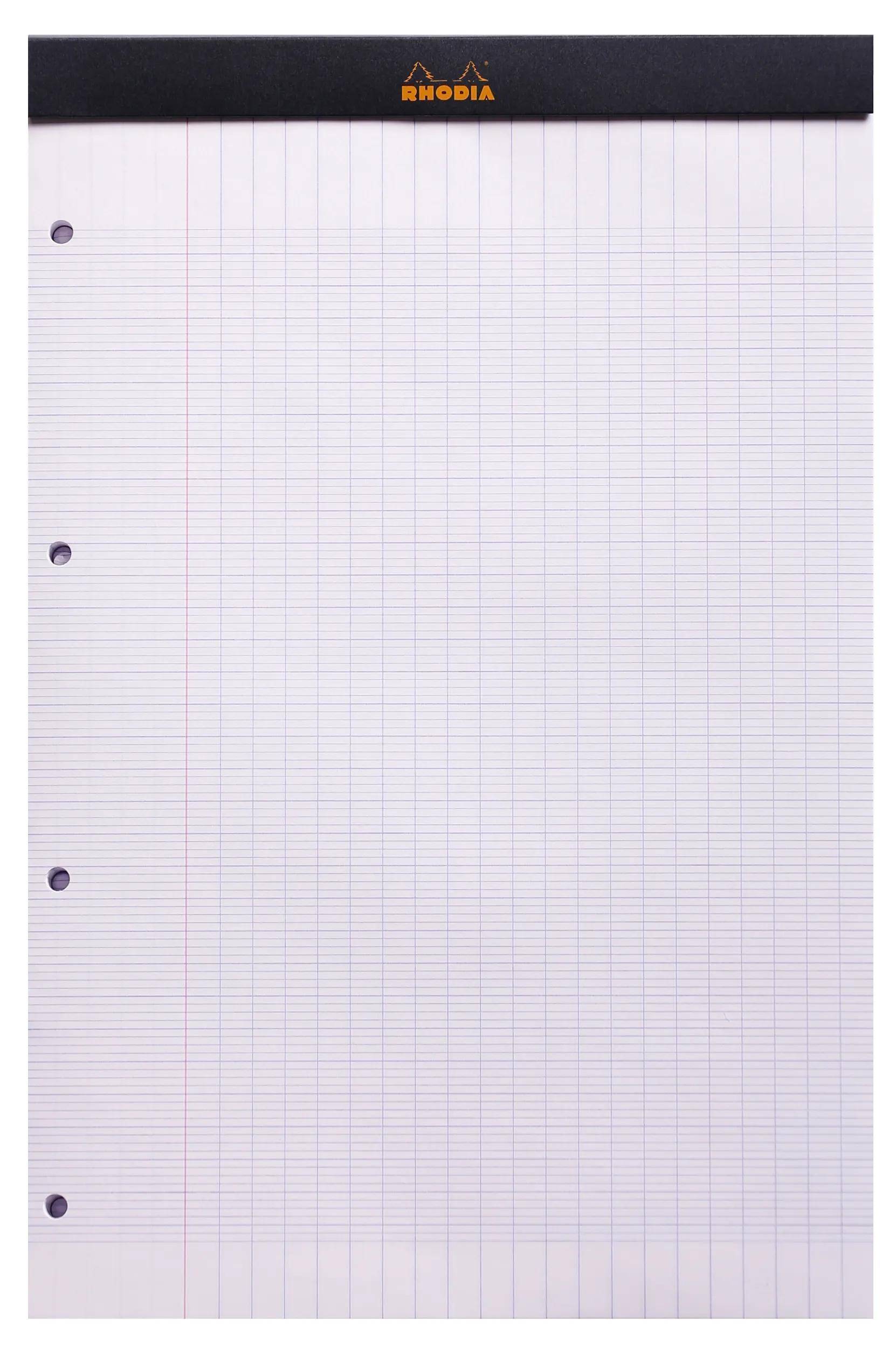 Loseblattsammlung mit Karopapier mit Rand und drei gelochten Löchern auf der linken Seite, geeignet für Notizen oder Berechnungen.