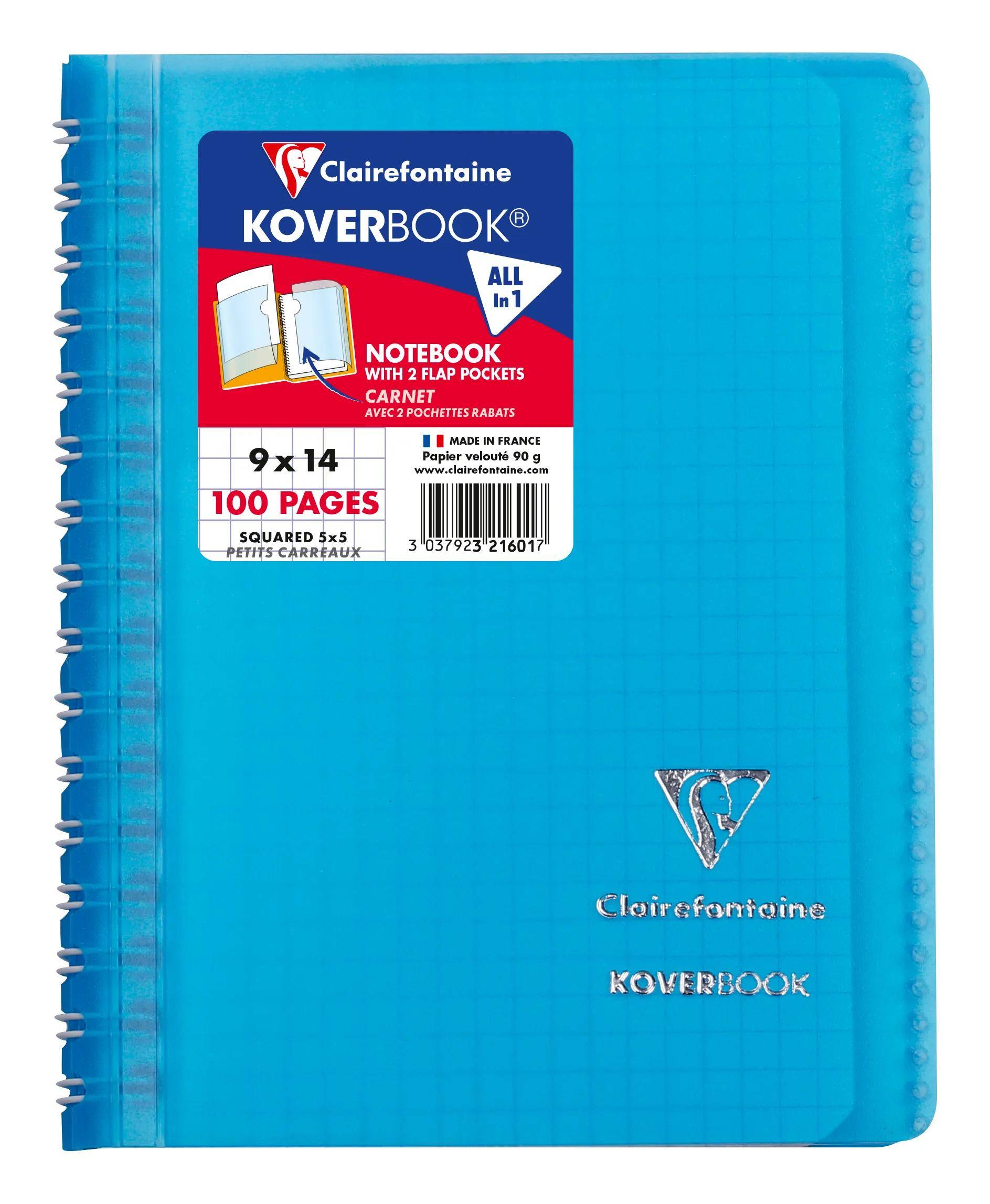 Blaues Clairefontaine Koverbook Notizbuch mit Spiralbindung, Etikett mit '9 x 14', '100 Seiten' und 'kariertes 5x5' Millimeterpapier.