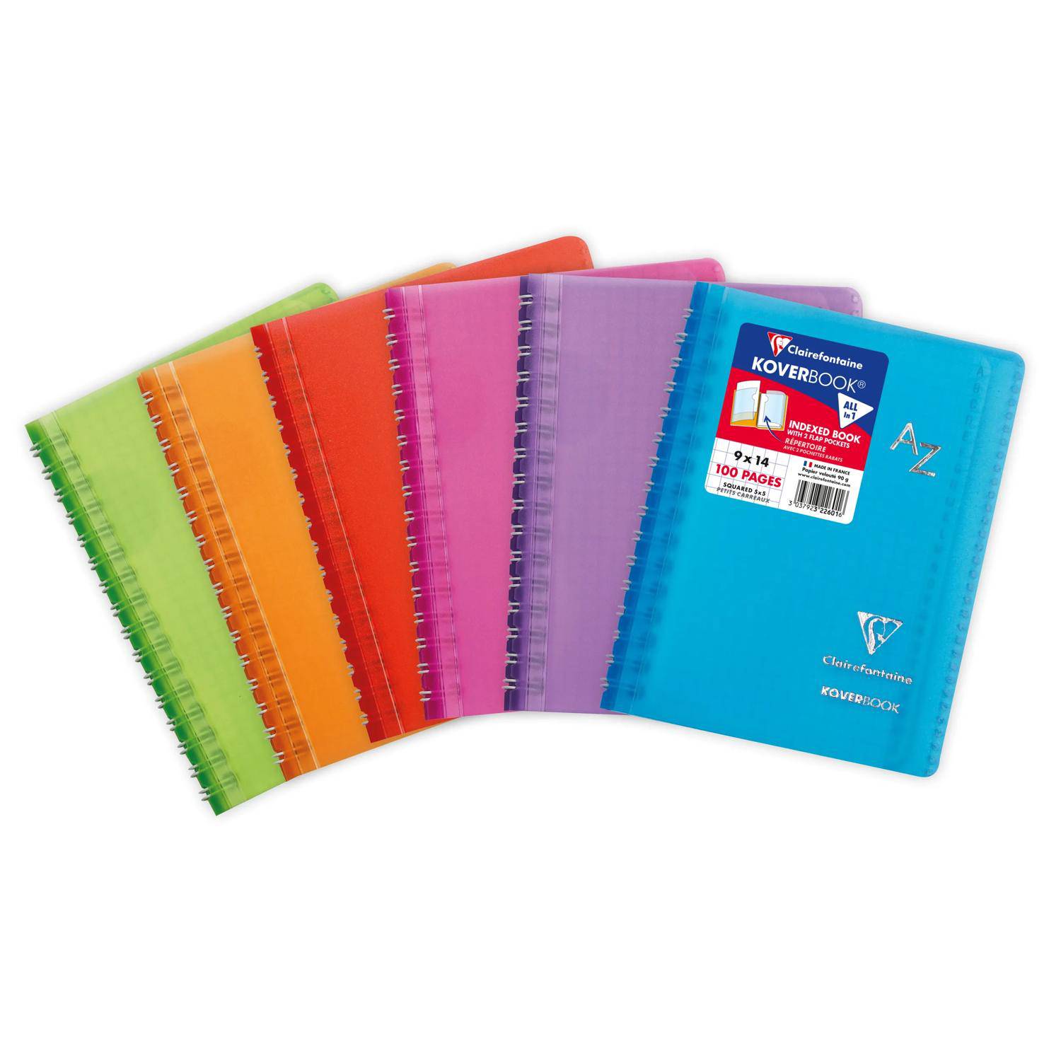Stapel von farbenfrohen spiralgebundenen Notizbüchern, das vordere ist blau mit einem Etikett „Coverbook