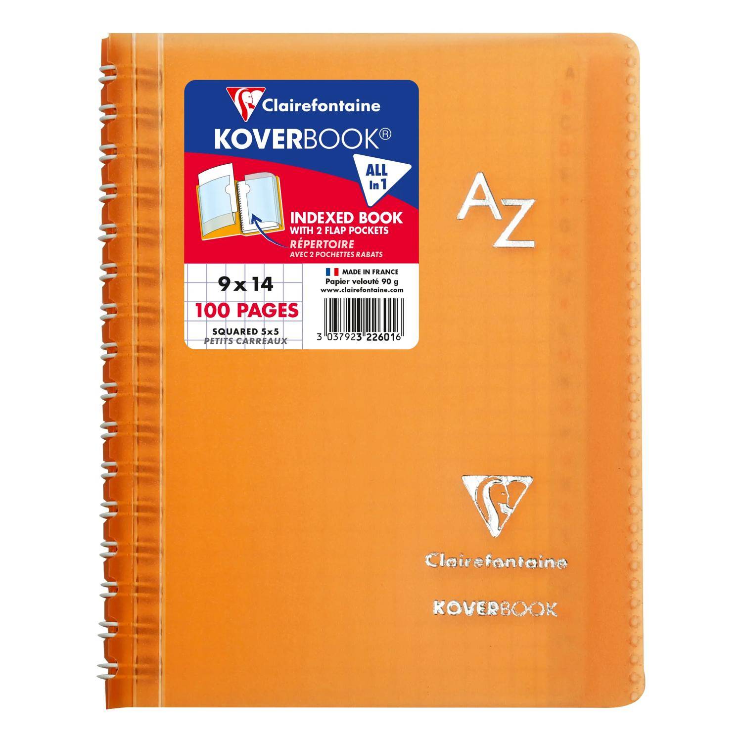 Orange spiralgebundenes Clairefontaine Koverbook-Notizbuch mit A-Z-Registerreiter und 100 Seiten, auf weißem Hintergrund dargestellt.