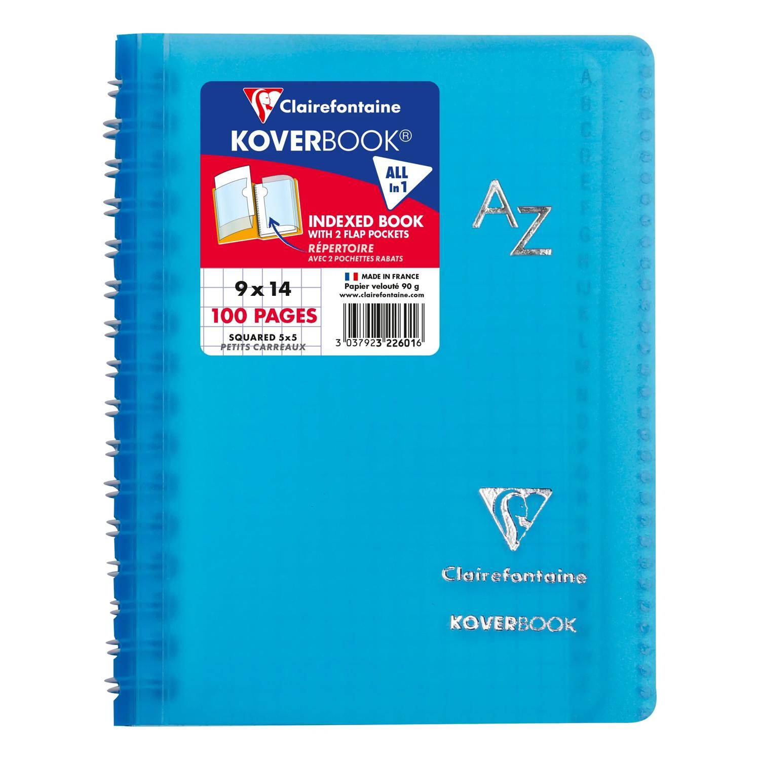 Blaus Clairefontaine Koverbook Spiralblock mit „A7" auf dem Umschlag und einem Etikett mit der Aufschrift „Indexiertes Buch"", 9 x 14, 100 Seiten.