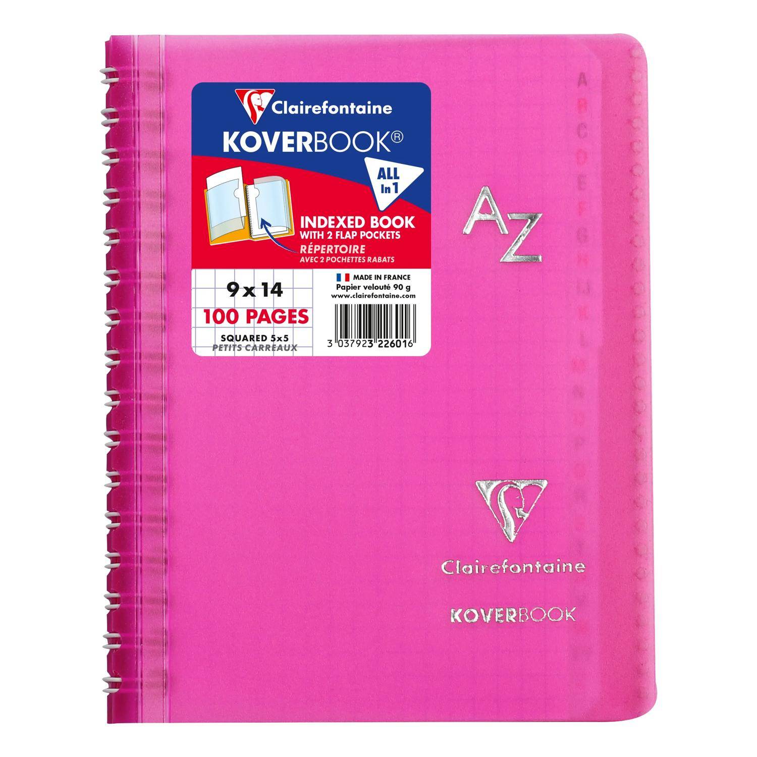 Rosa Koverbook-Notizbuch von Clairefontaine mit Spiralbindung, A-Z-Registerblättern und 100 Seiten, vor einem weißen Hintergrund abgebildet.