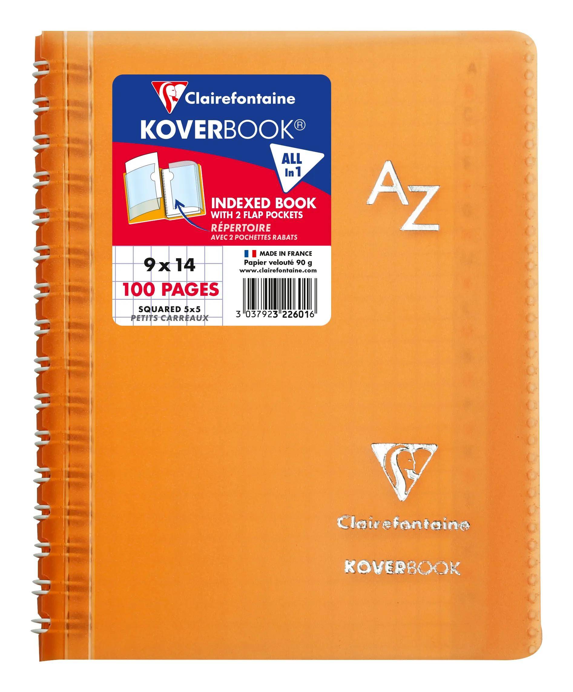 Orange Koverbook Clairefontaine Notizbuch mit Spiralbindung, A-Z-Register und 100 Seiten auf dem Umschlag angegeben.