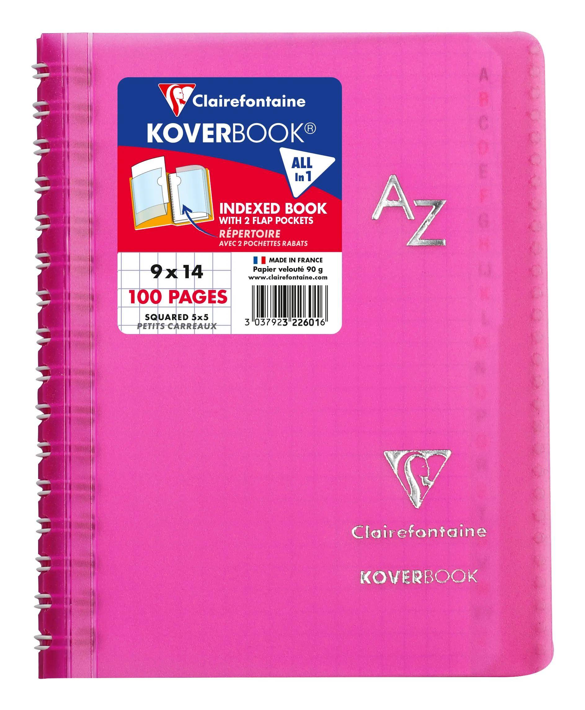 Rosa spiralgebundenes Clairefontaine Koverbook Notizbuch mit A-Z Registerblatt, 100 Seiten und weißem Logo auf dem Umschlag.