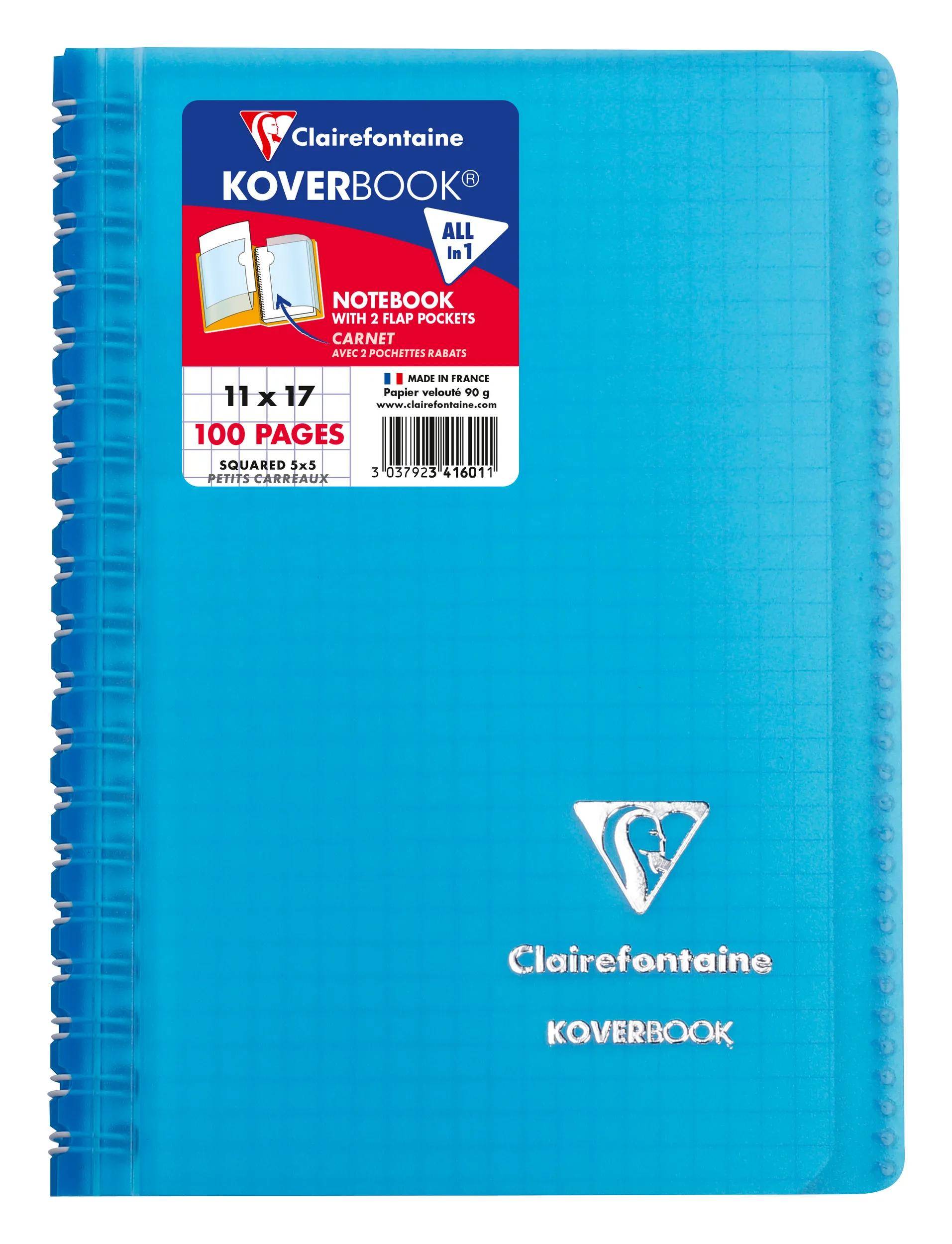 Blaues Clairefontaine Koverbook Spiralnotizbuch mit transparentem Umschlag, Frontenetikett und Text '100 Seiten'.